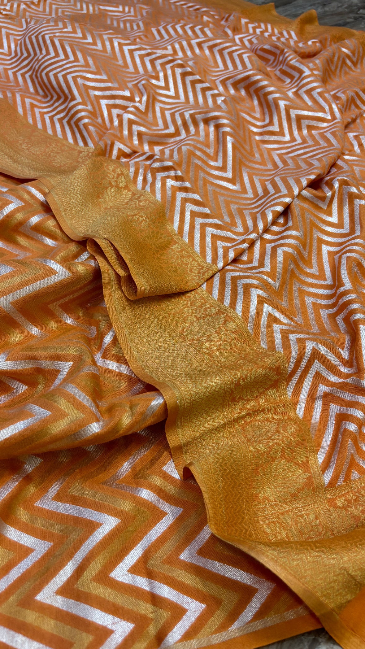 Fanta orange moonga silk chevron weaving sona rupa kadhwa suit set