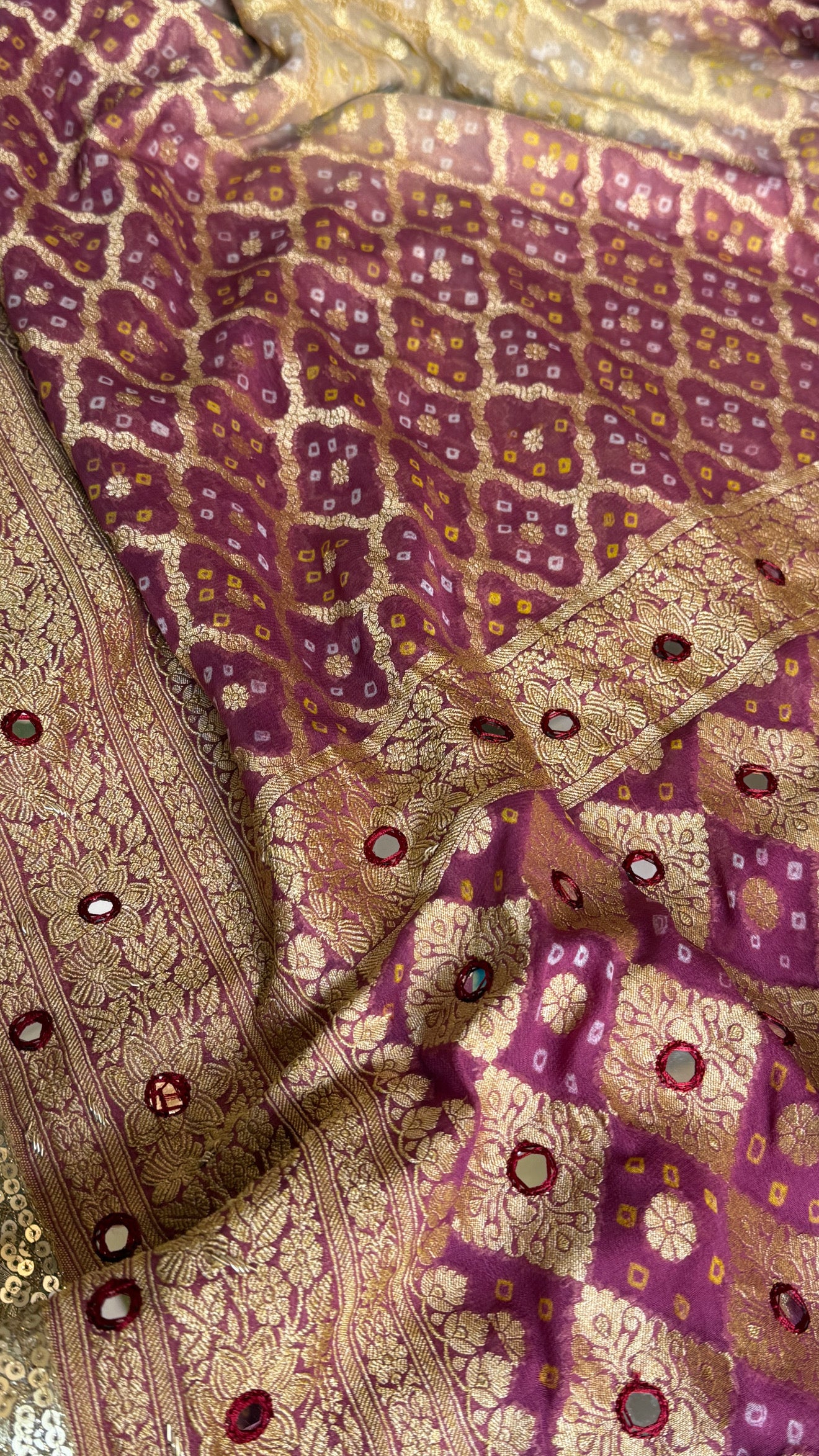 Lotus pink ombre shaded banarasi rai bandhej chiffon gorgette hand embroidered saree