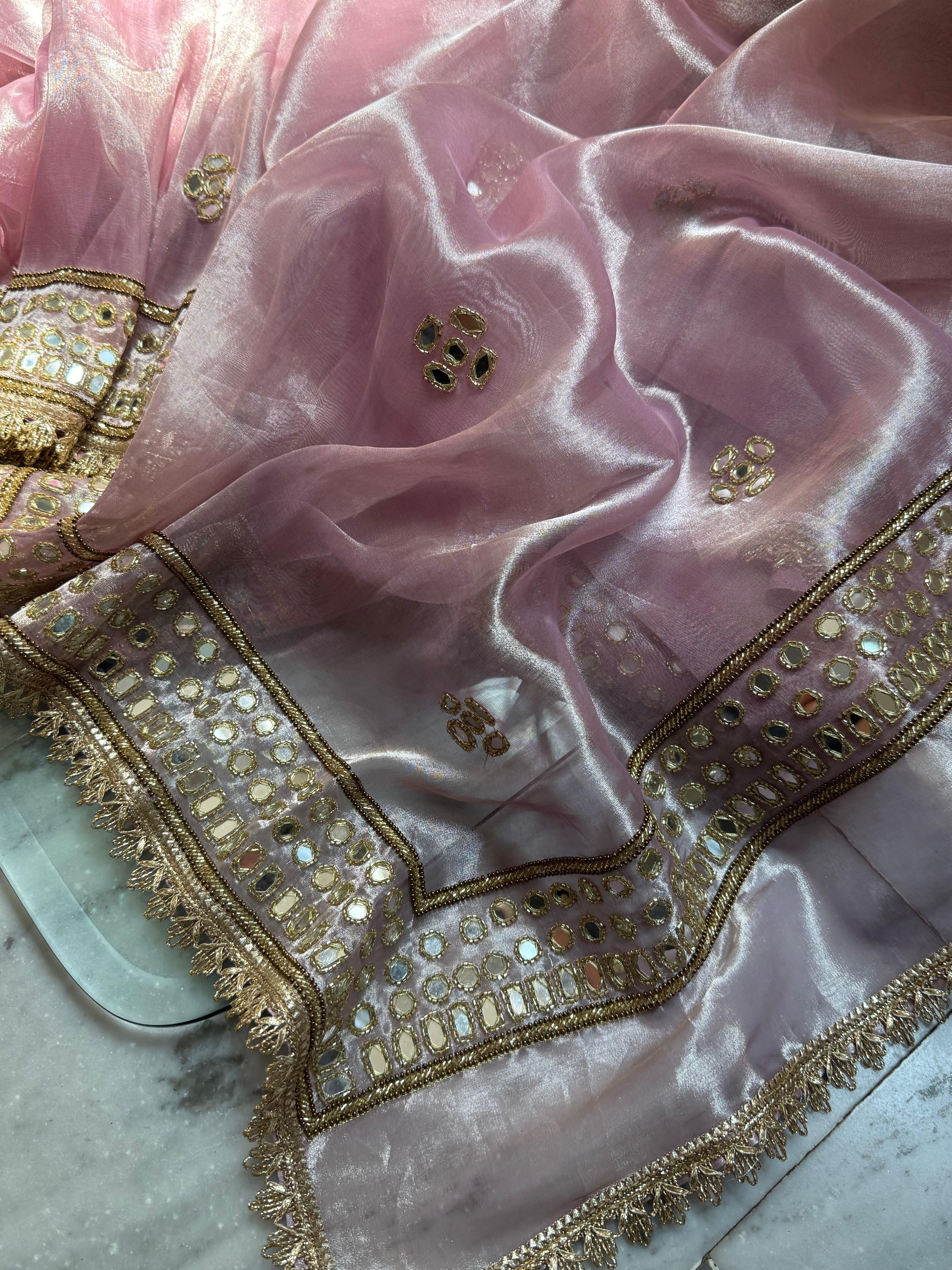 Engagement wali saree - Powder pink diamond tissue silk mirror work hand embroidered saree