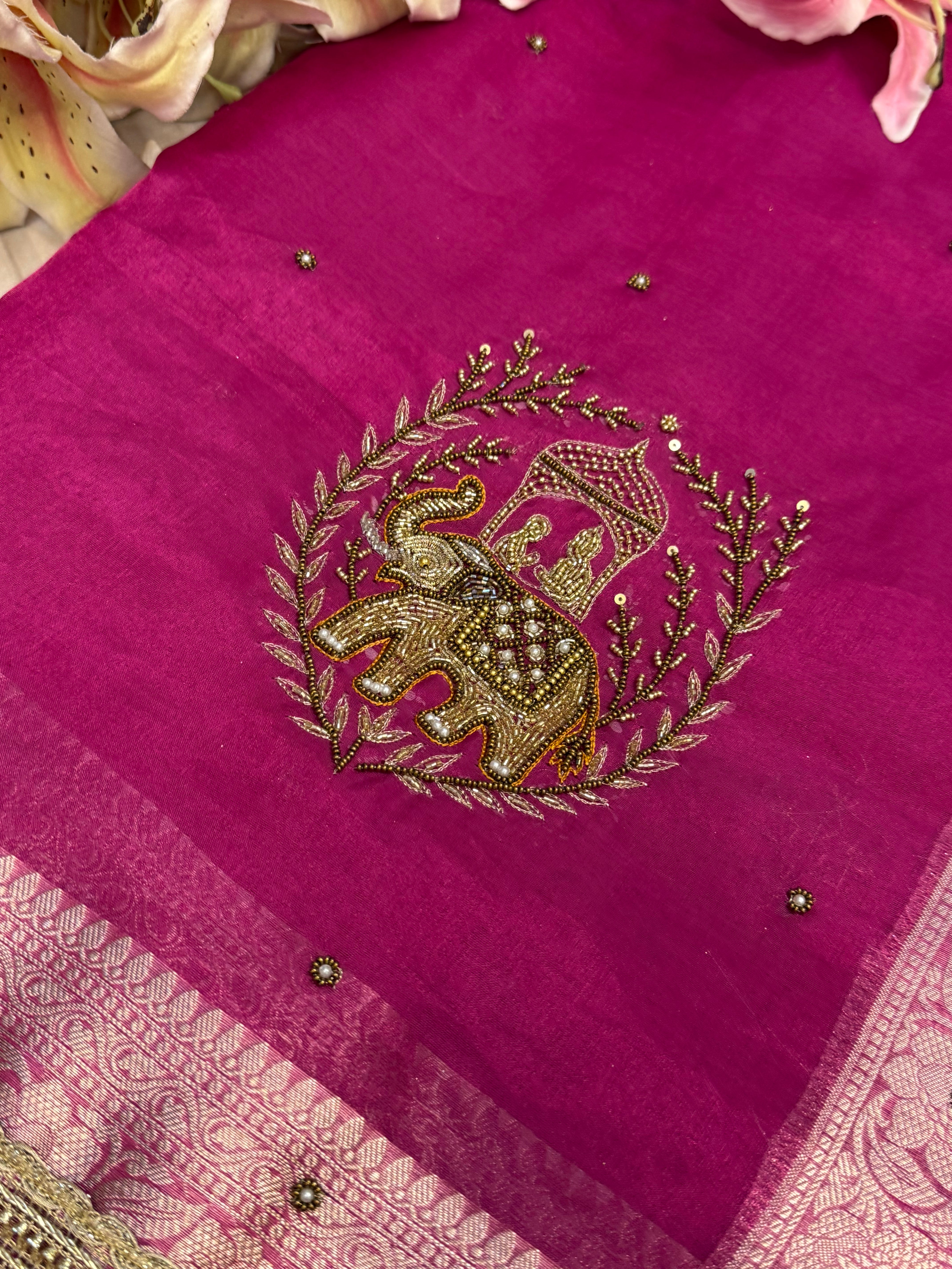 Karwachauth special - Hot pink tissue silk elephant motif hand embroidered kadhwa saree