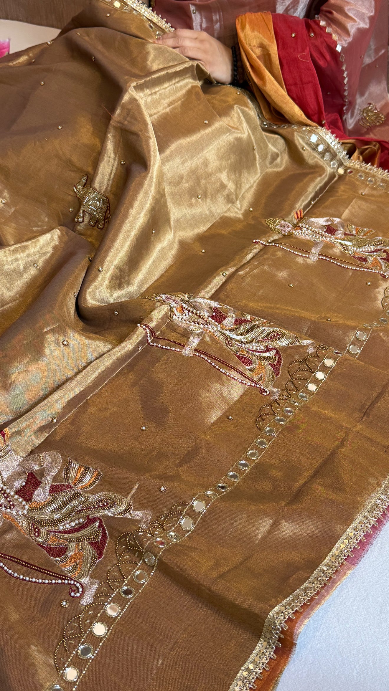 Satin tissue silk antique gold banarasi hand embroidered kadhwa saree