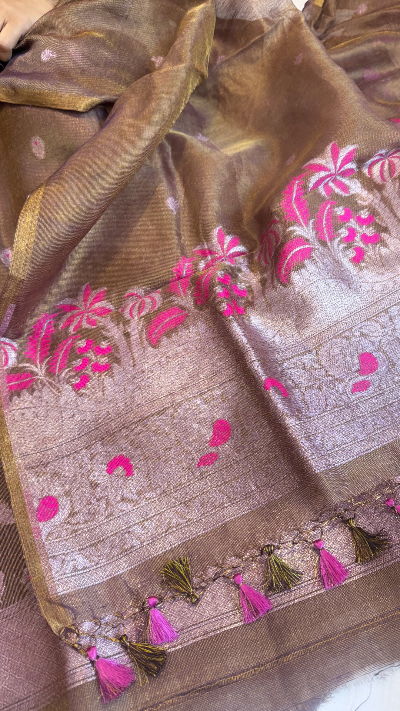 Linen tissue golden brown meenakari kadhwa suit sets