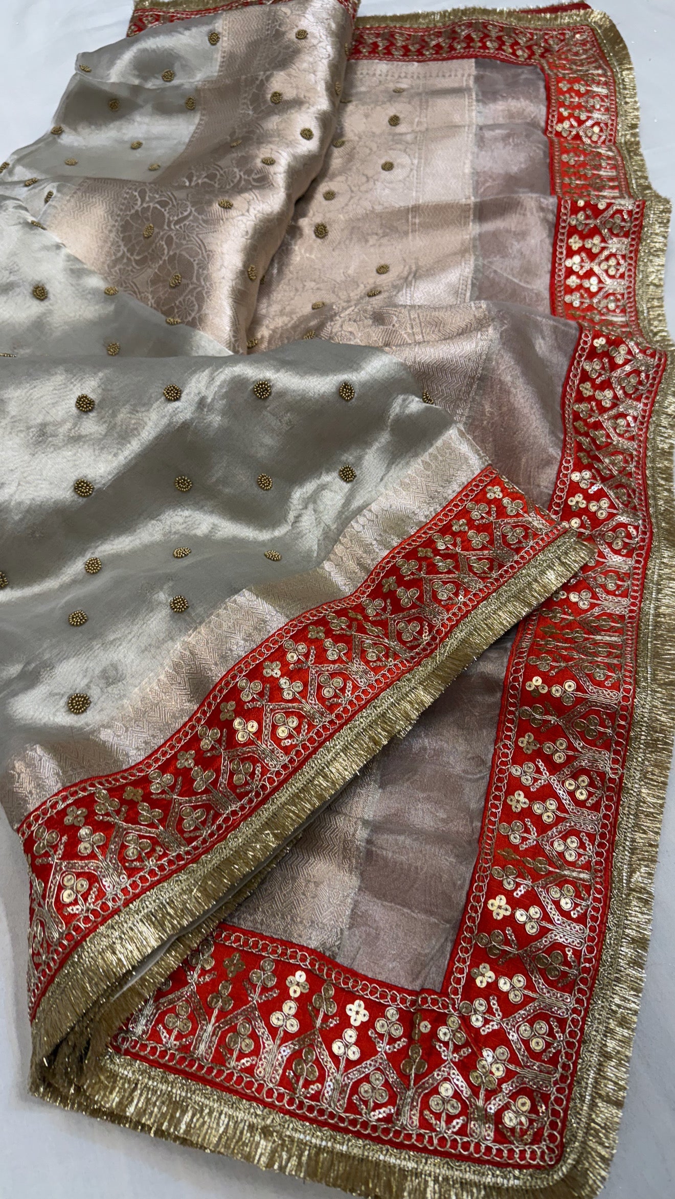Diamond tissue silk chunri buti hand embroidered panetar saree