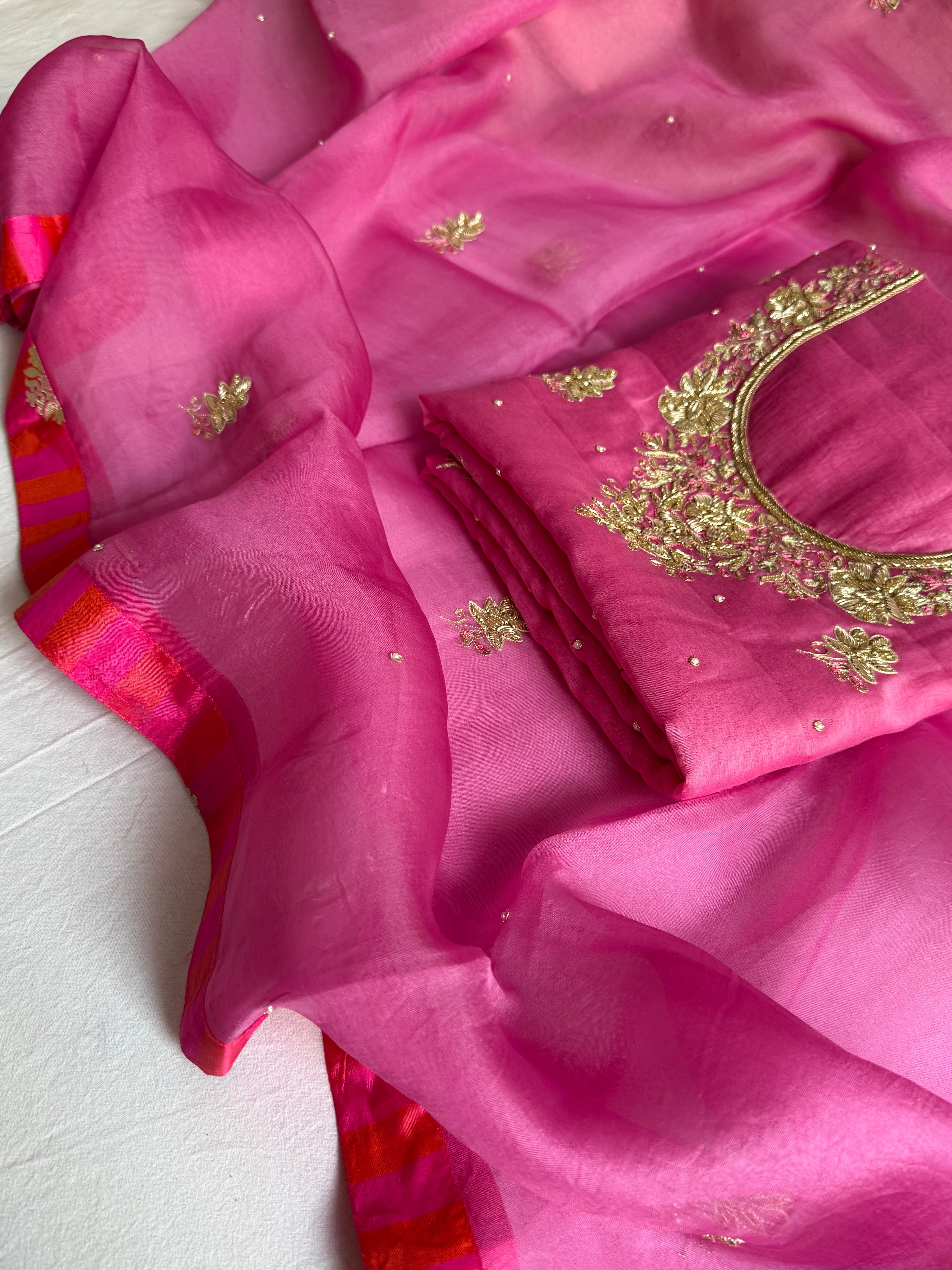 Banarasi formal wear mul cotton candy pink hand embroidered kurta paired with kora silk banarasi border duppata set