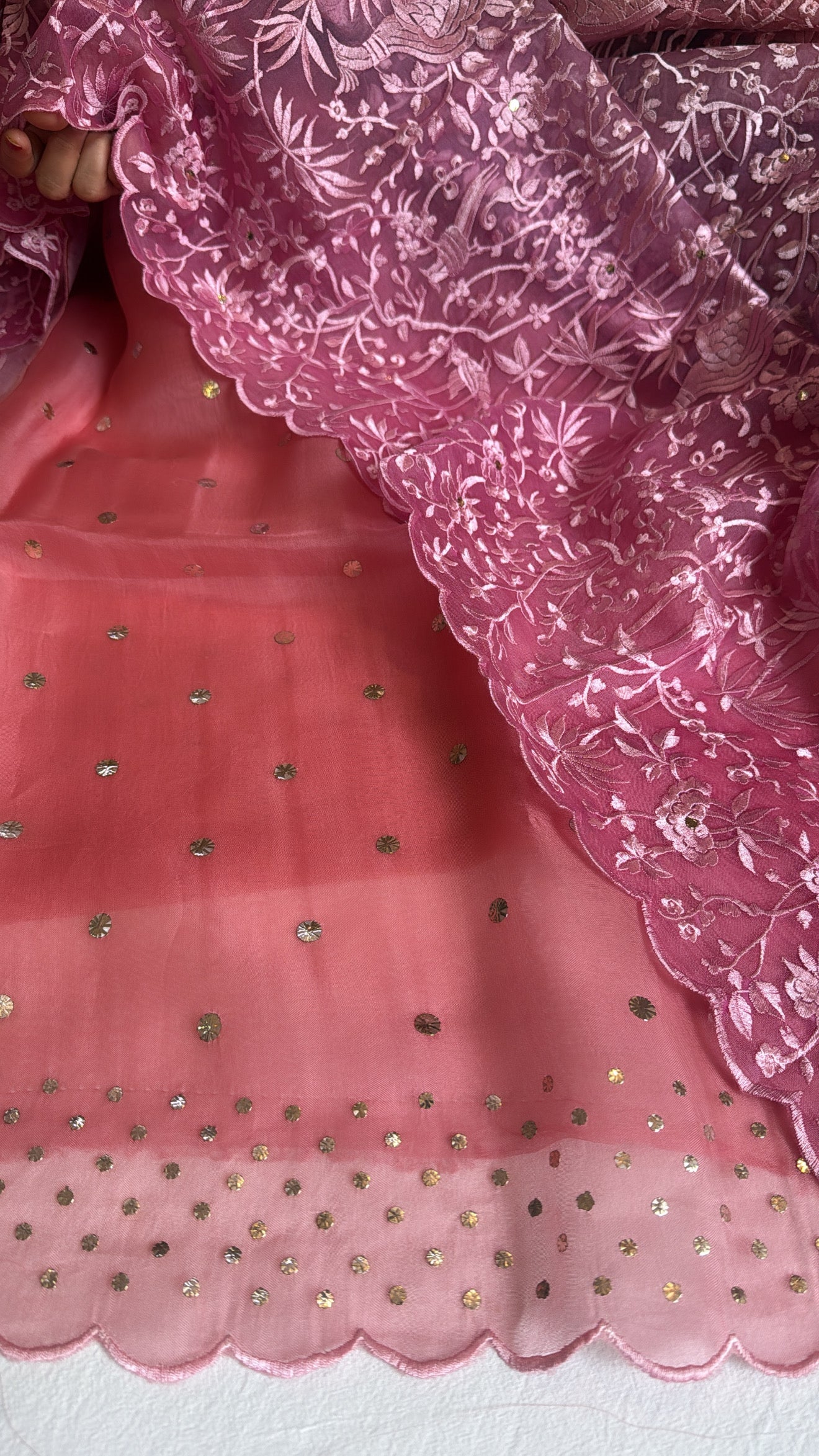 Shades of pink peach - Parsi gara kora silk resham and mukaish work hand embroidered suits