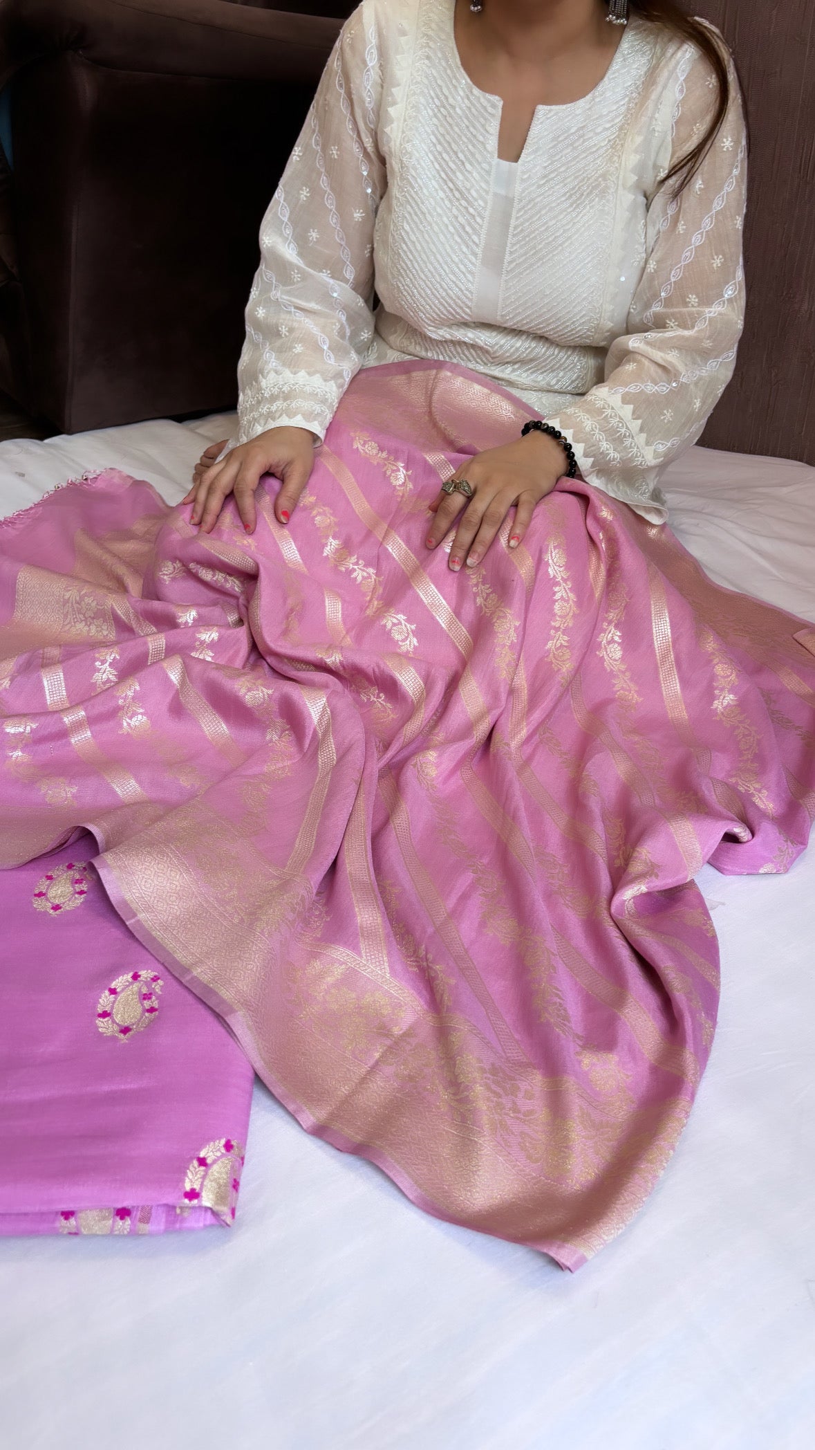 Blushing pink moonga silk meenedar suit set
