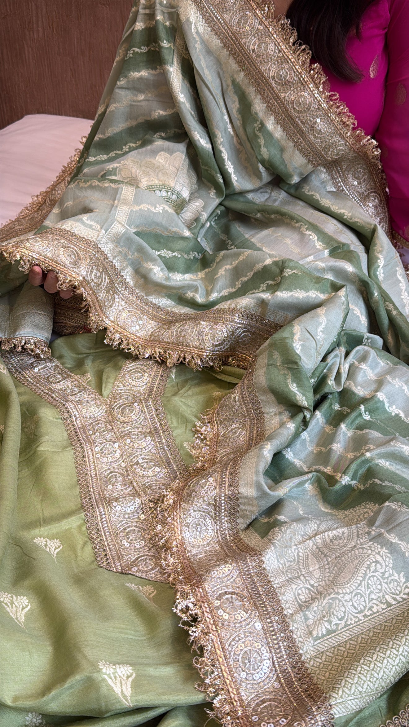 Sage green moonga silk rangkaat dye chaukadi weaving kadhwa suit set