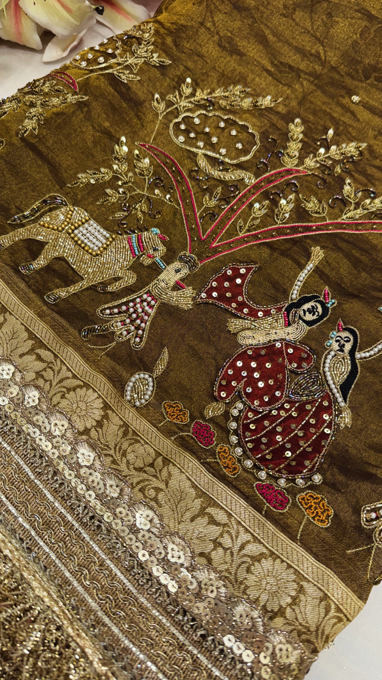 Karwachauth special - Kanjivaram gold tissue silk krishna rasleela motif hand embroidered kadhwa saree