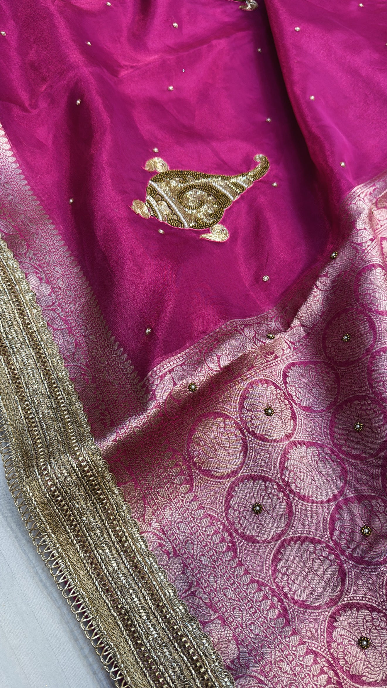 Wedding edit - Husn hot pink shankh motif hand embroidered tissue silk saree