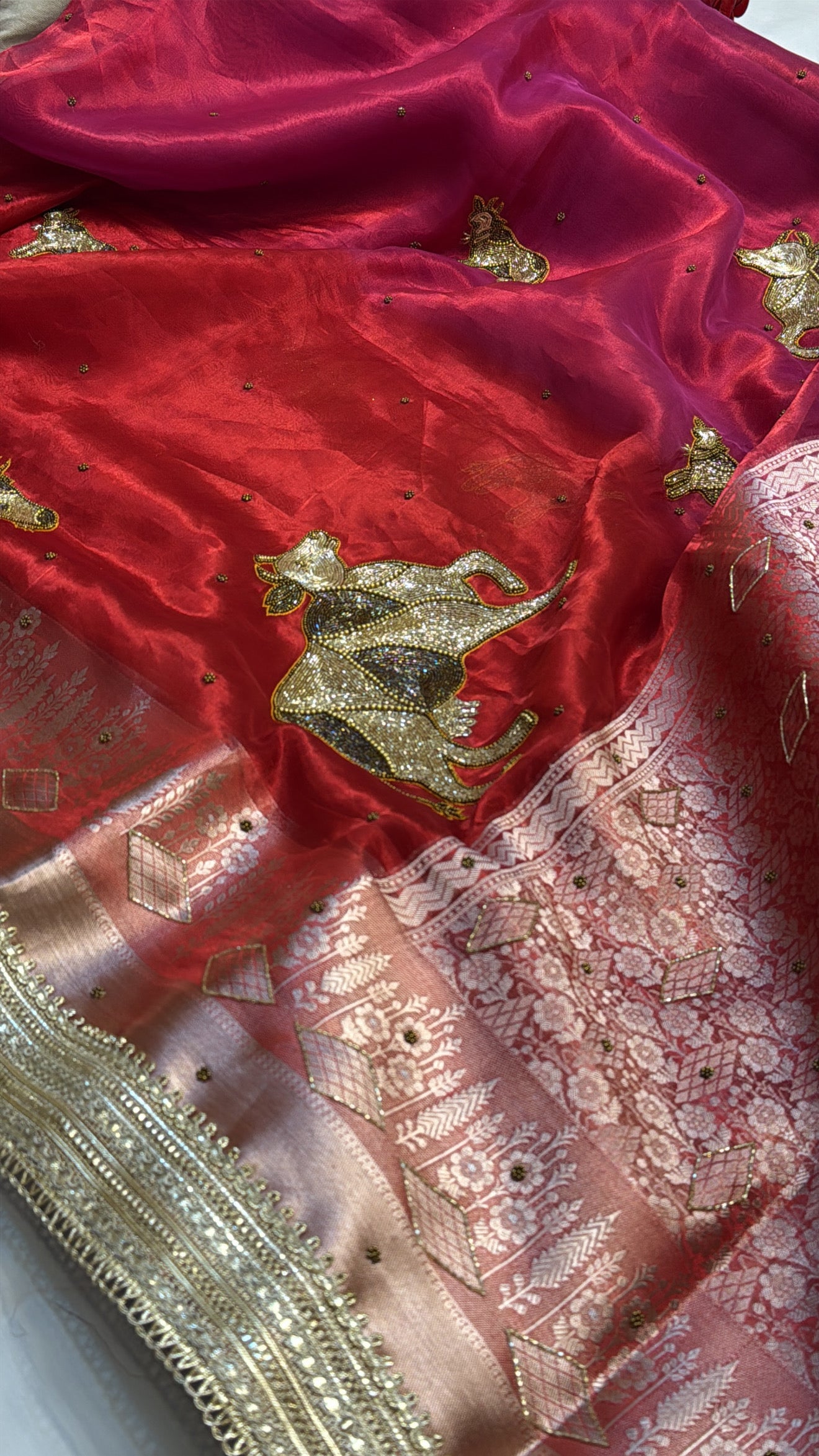 Dulhan ka joda husn red tissue silk hand embroidered saree