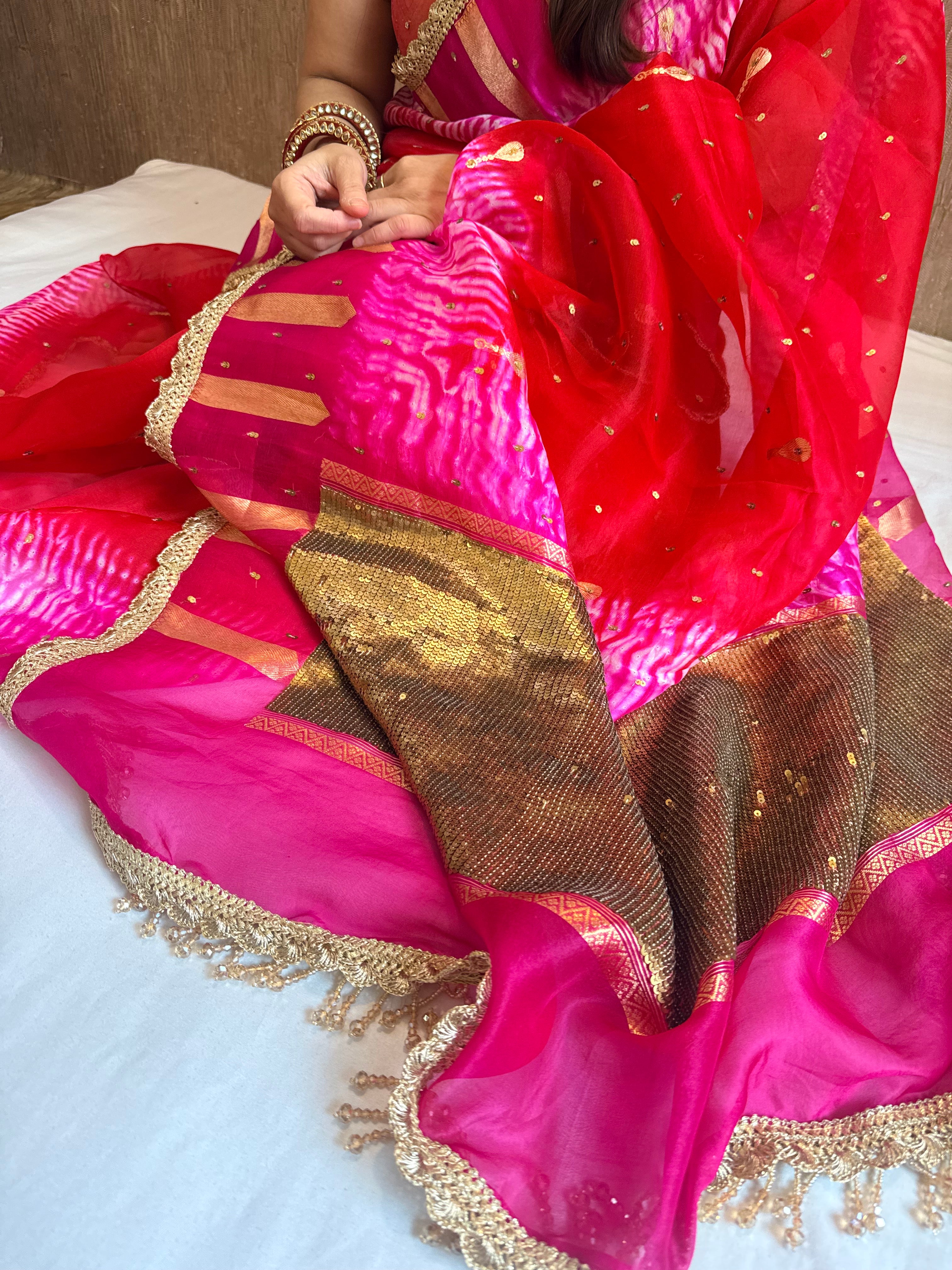 Shibori dye kora silk salma sitara work hand embroidered sequins saree