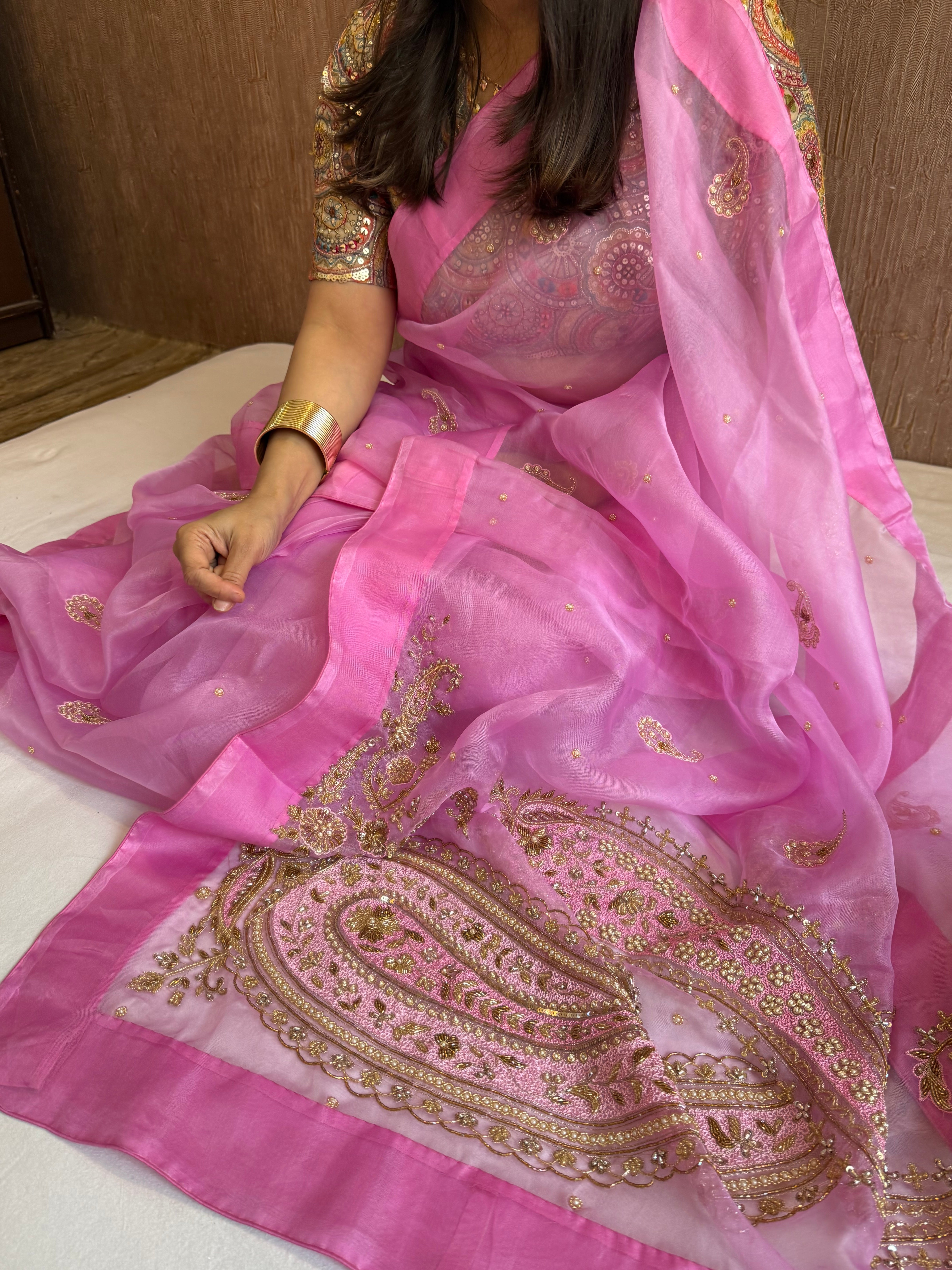 Blush pink organza silk satin border hand embroidered kadhwa saree