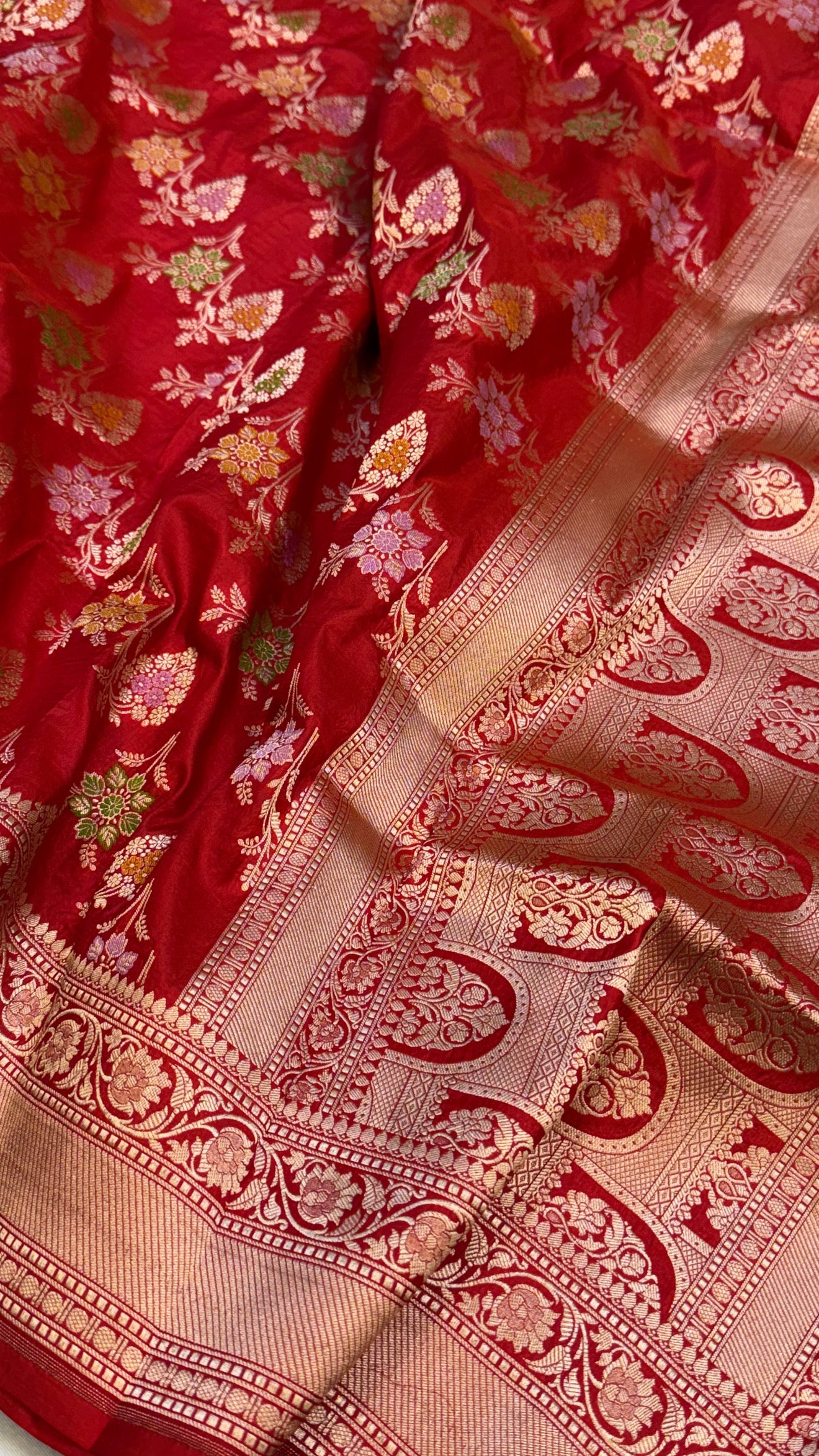 Bridal red katan silk kadhwa jaal meenakari duppata