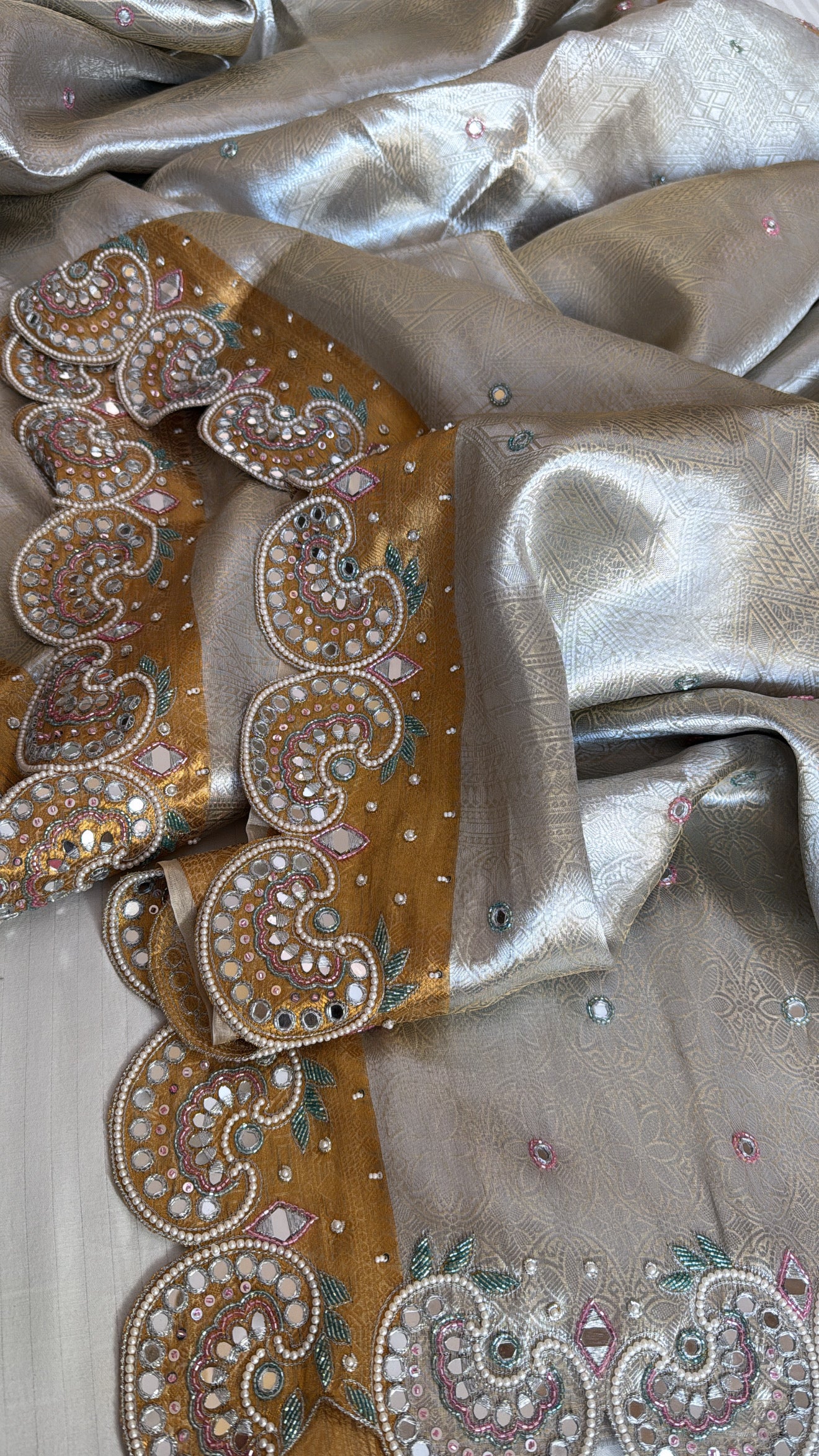 Kanjivaram inspired pure banarasi sona rupa border heavy mirror work and zardozi hand embroidered saree