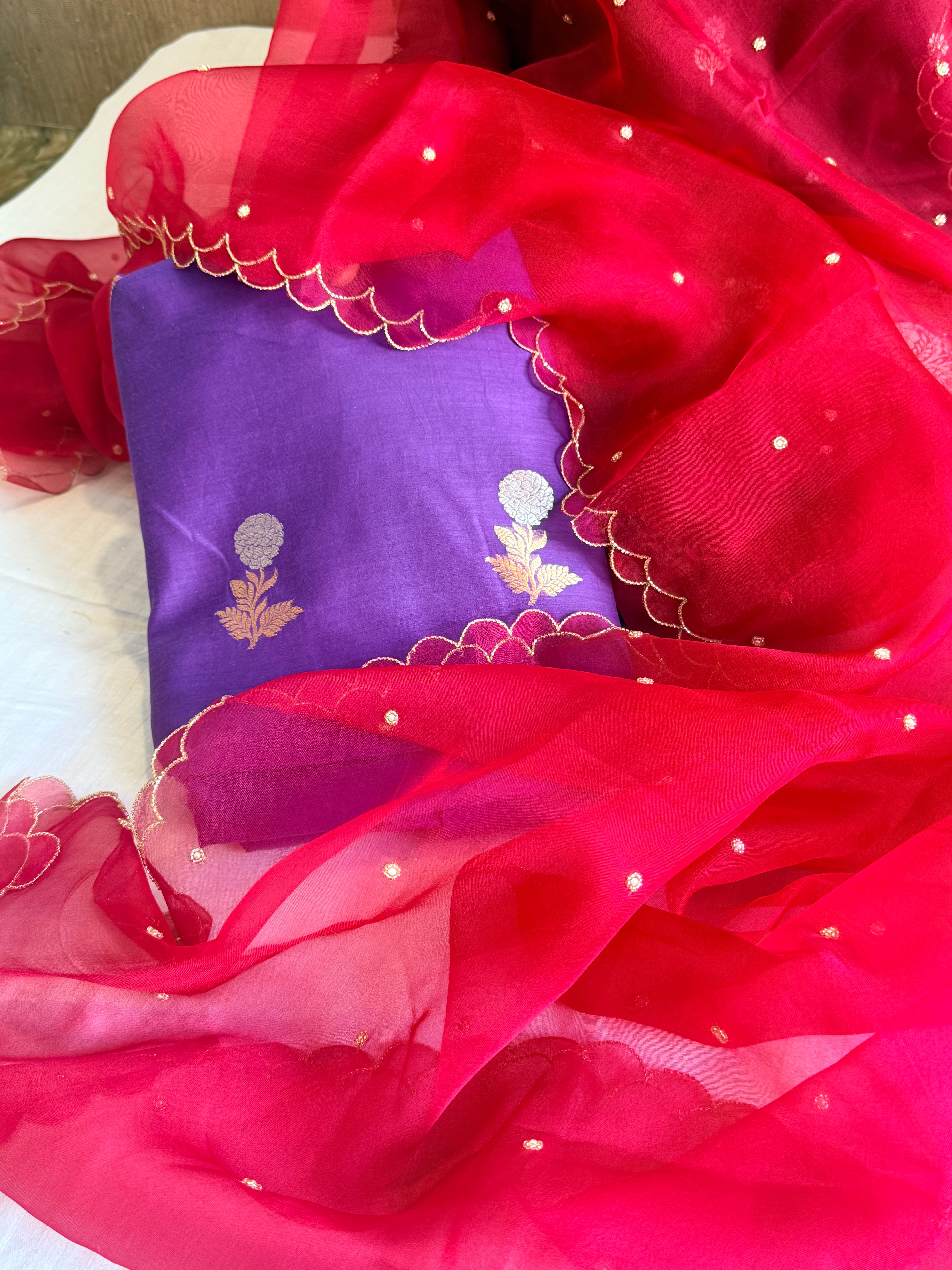 Handloom cotton sona rupa kurta paired with kora silk scalloped duppata set