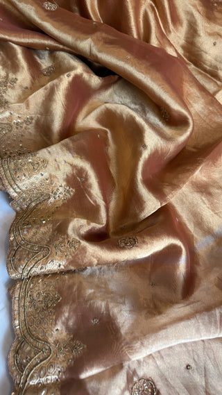 Husn onion peach tissue silk heavy hand embroidered saree