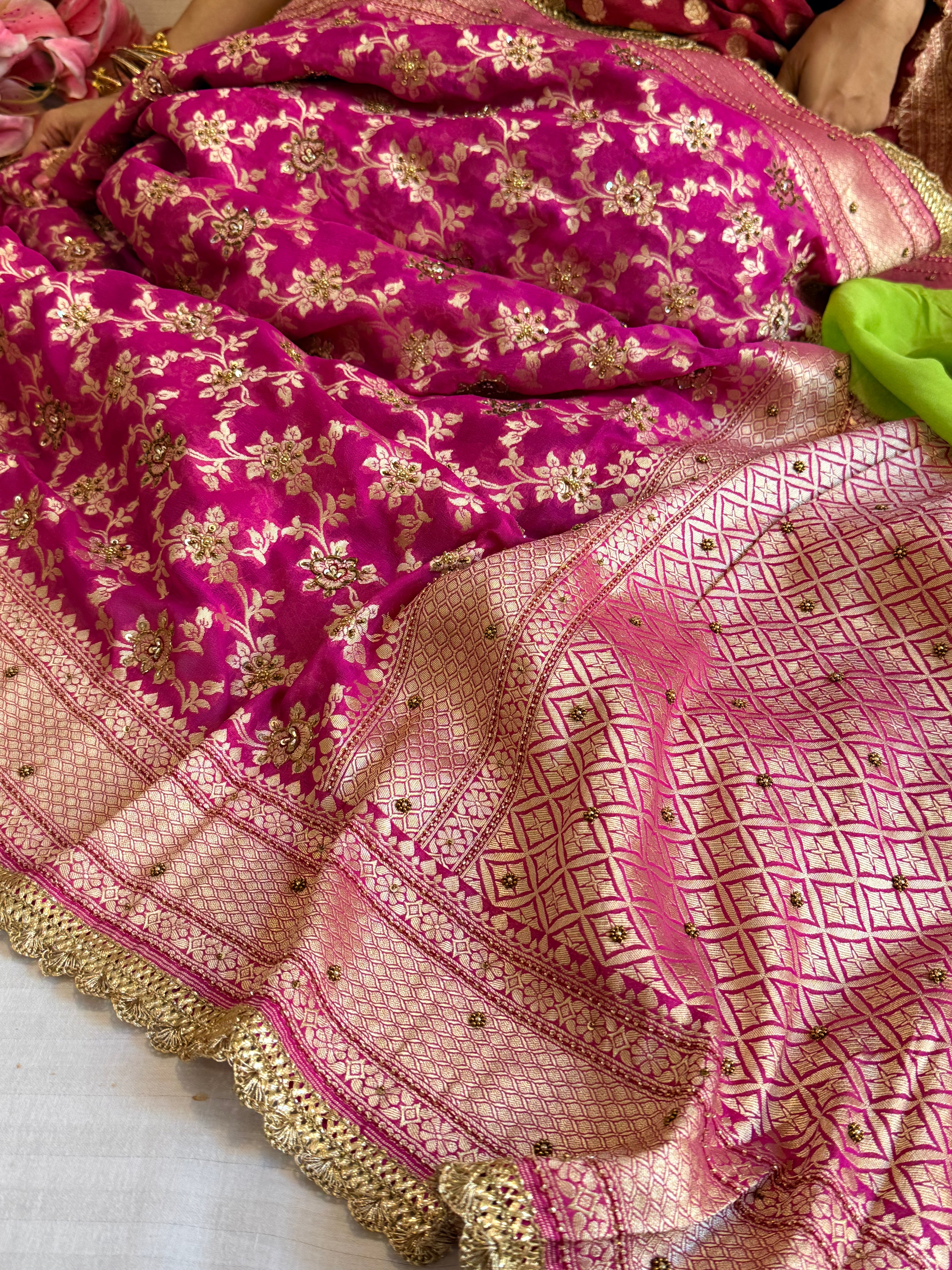 Banarasi chiffon gorgette rani pink hand embroidered kadhwa saree