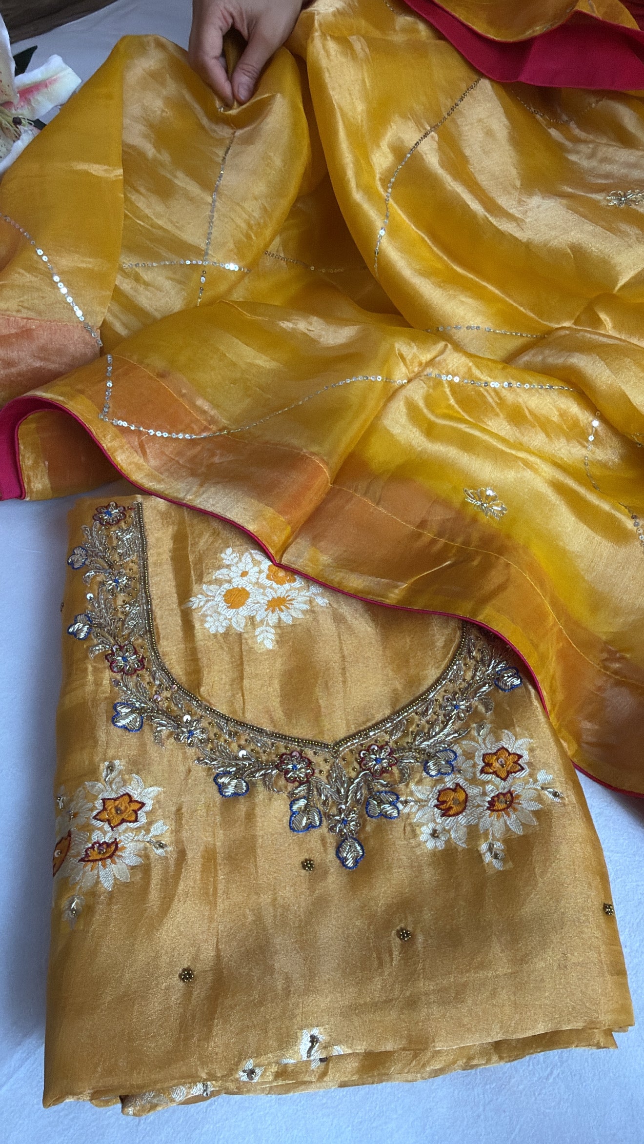Haldi gold tissue silk hand embroidered heeramandi kadhwa suit set