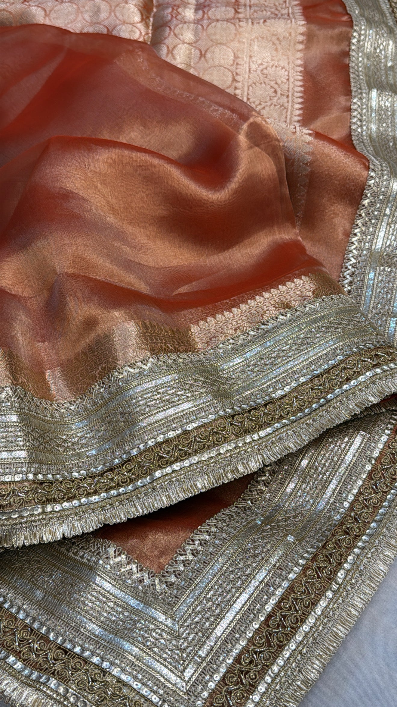 Maharani tomato red tissue silk kadhwa gotapatti saree