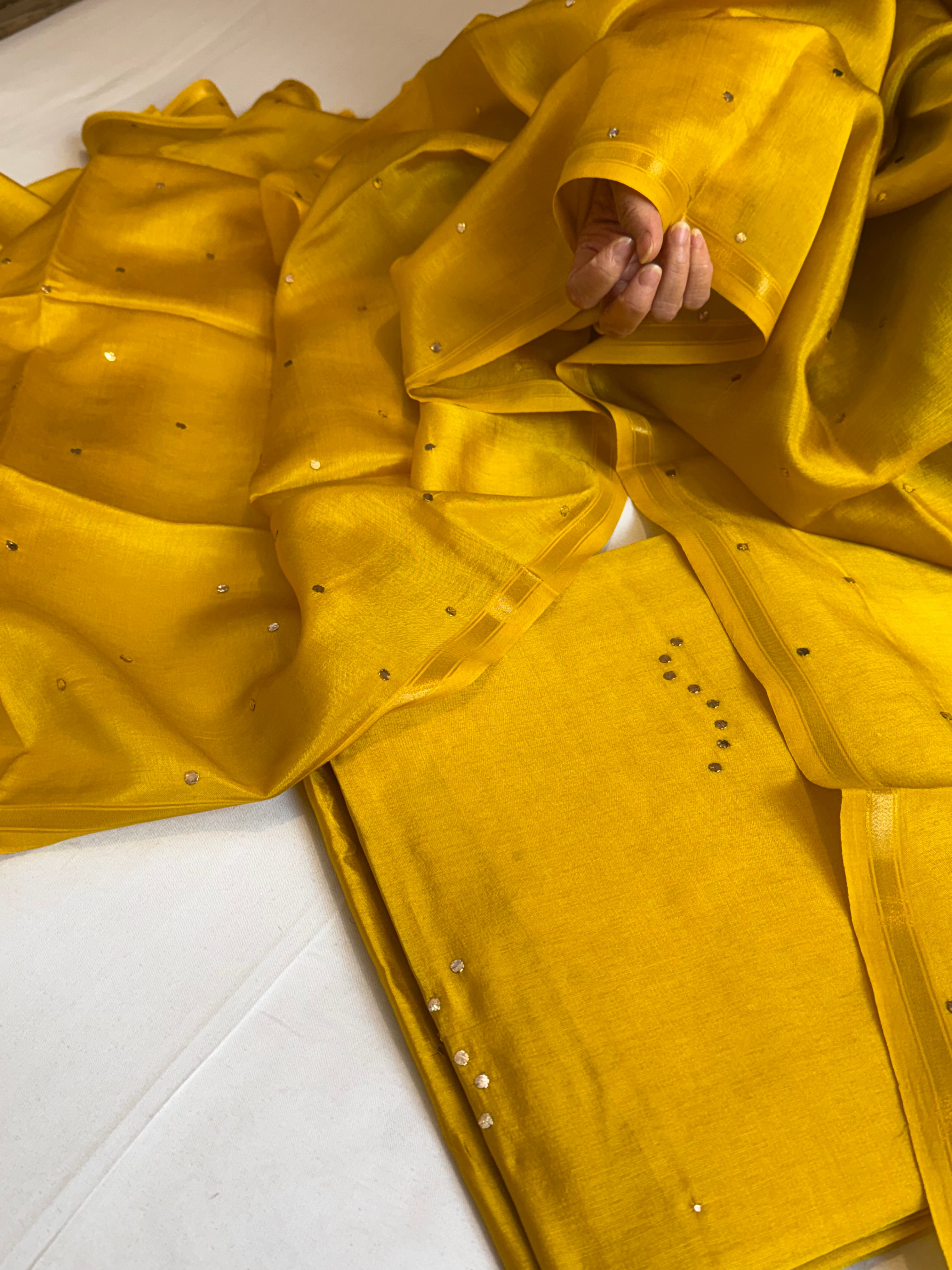 Mustard yellow raw mango silk mukaish work hand embroidered saree