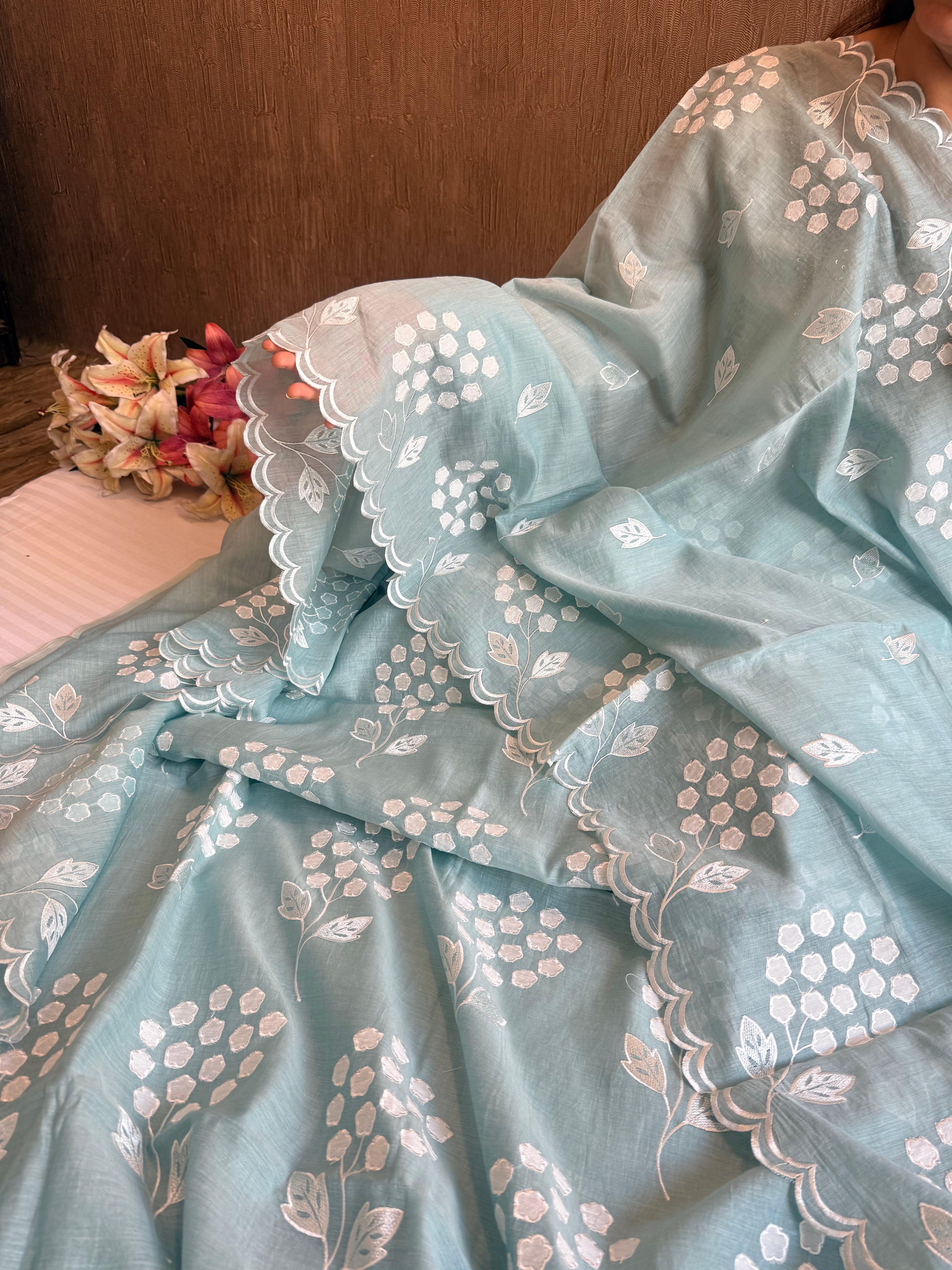 Alia bhatt inspired blush blue pink mulmul appliqué work suit set