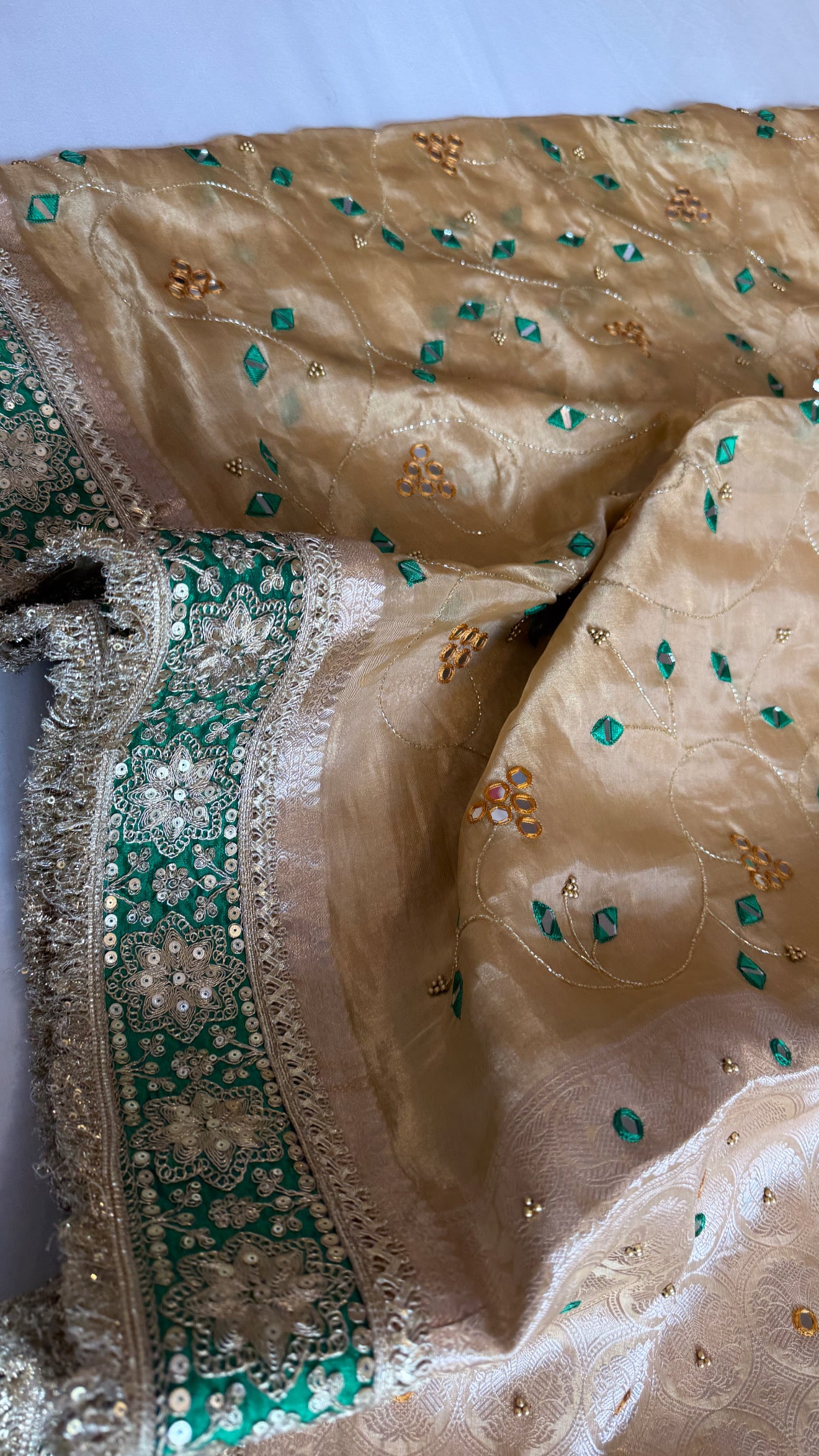 Sheesham edit - Heavy double tissue silk mirror work hand embroidered saree