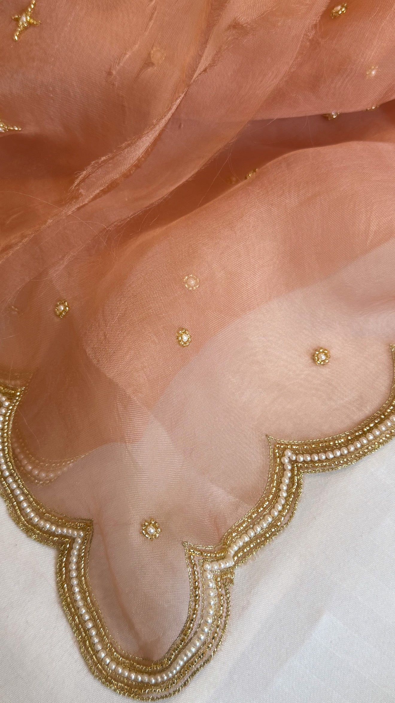 Rose gold kora silk zardozi work hand embroidered saree