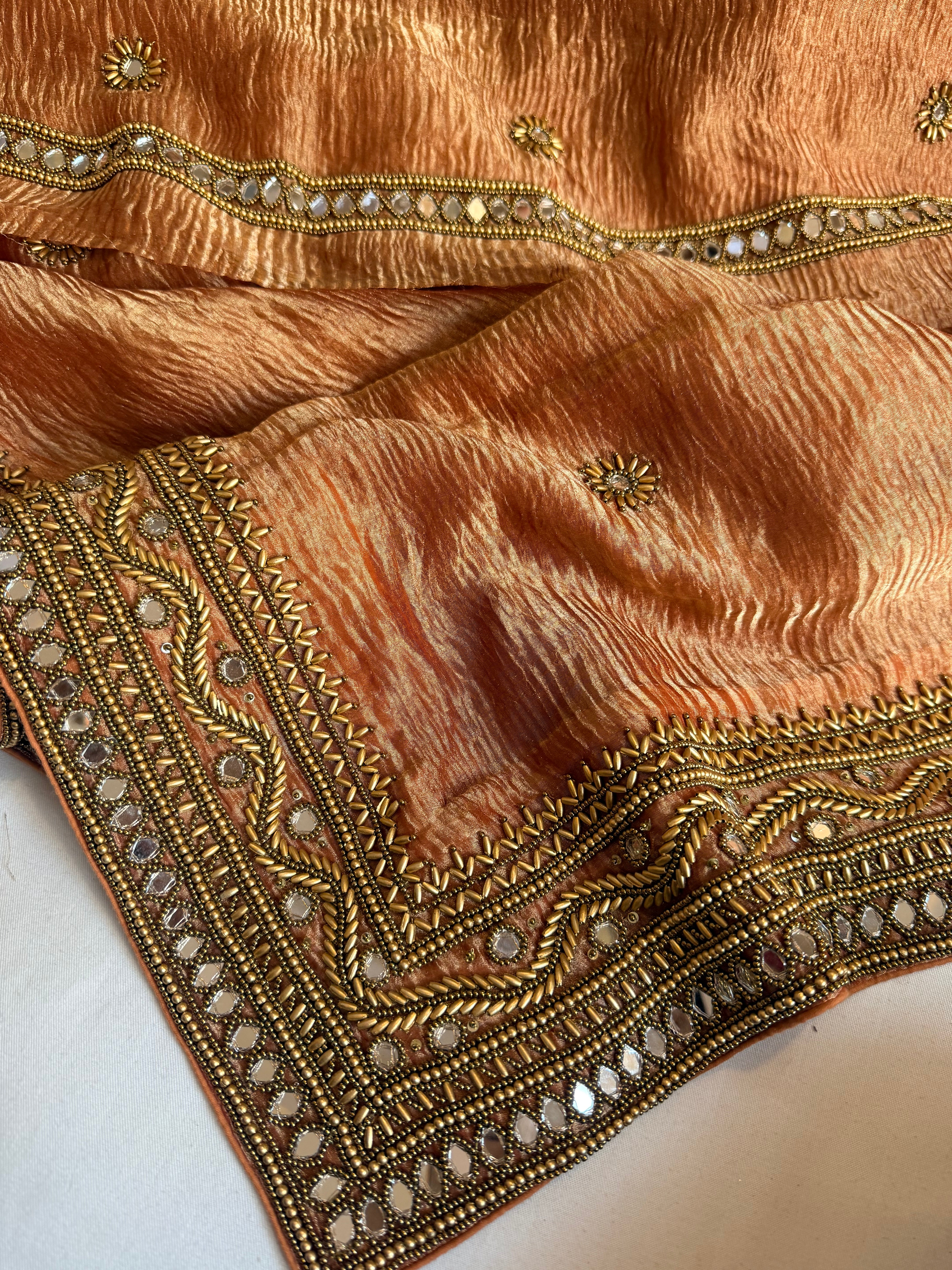Rajkumari gajri crushed tissue silk hand embroidered kadhwa saree