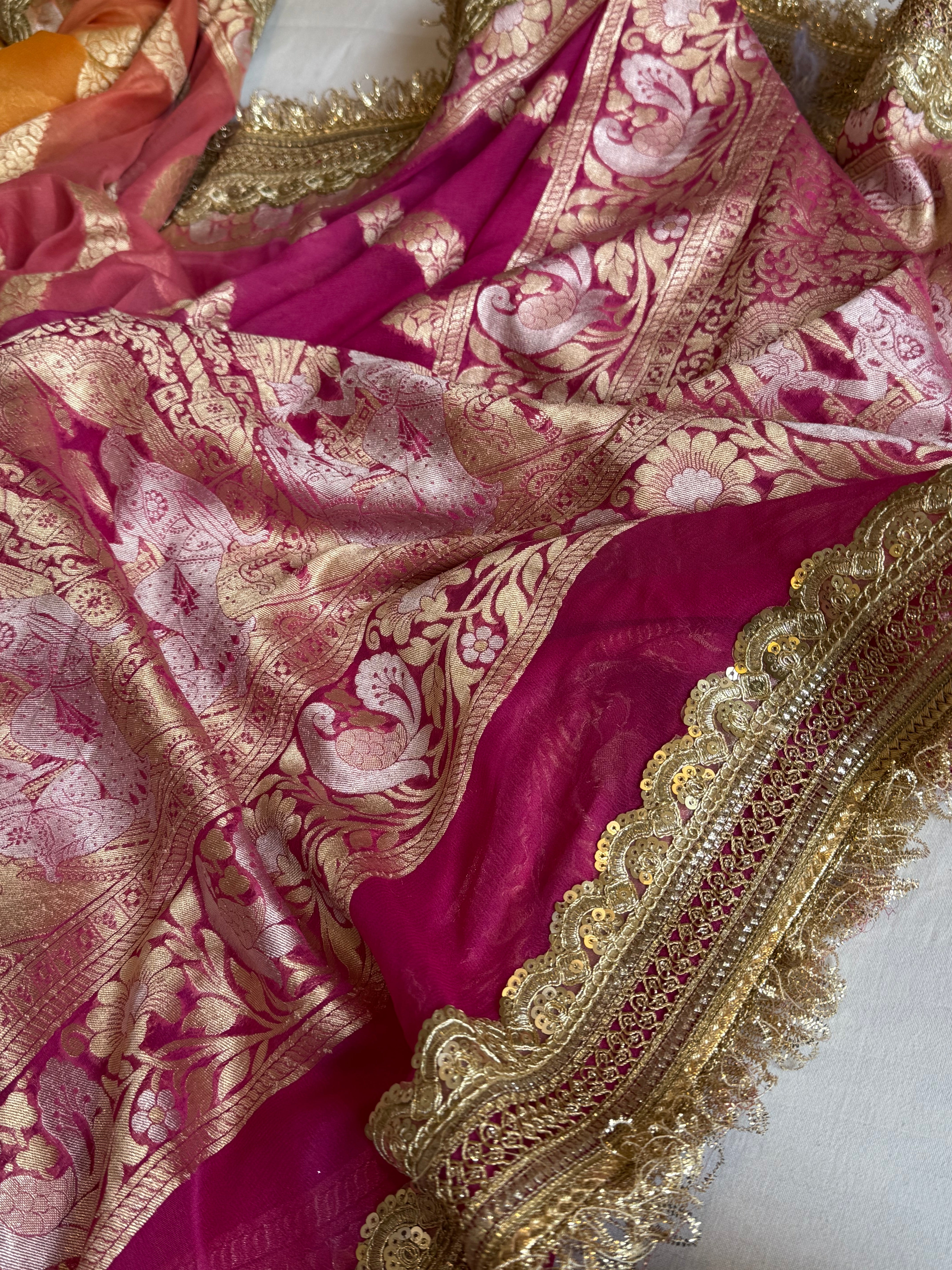 Gayatri devi inspired banarasi chiffon gorgette kadhwa shaded jungla saree