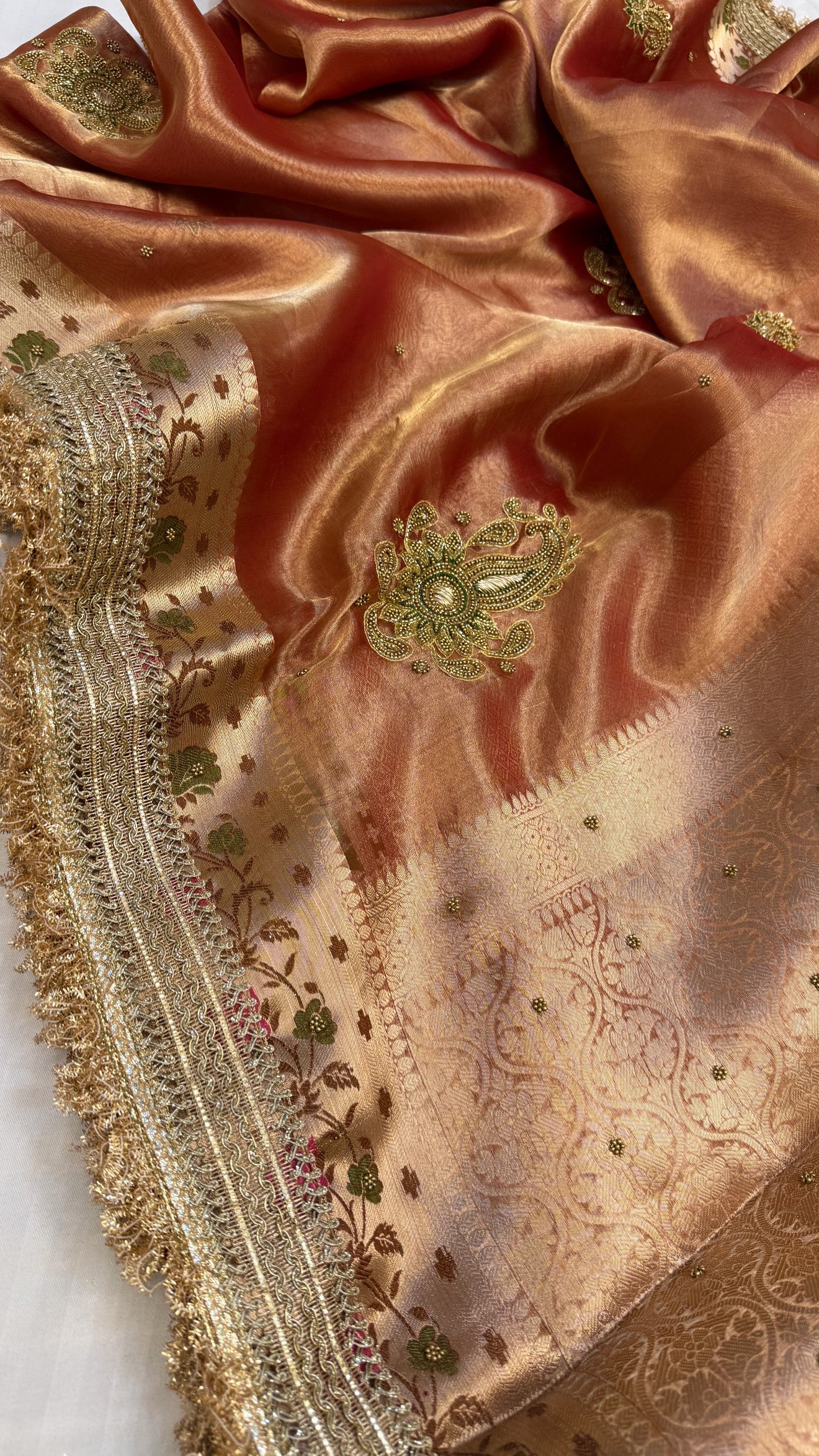 Cocktail edit sarees - Soft reddish orange tissue silk hand embroidered saree