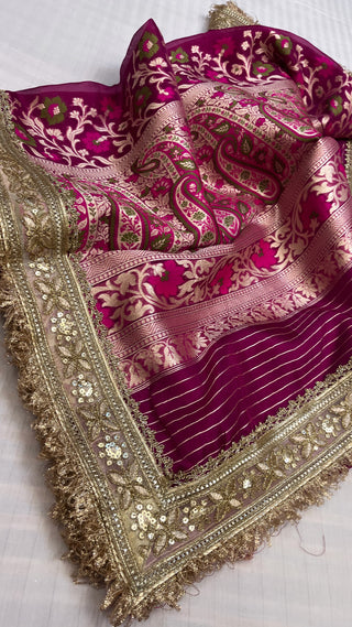 Maharani cranberry pink tissue tanchoi jamevar meenkari saree