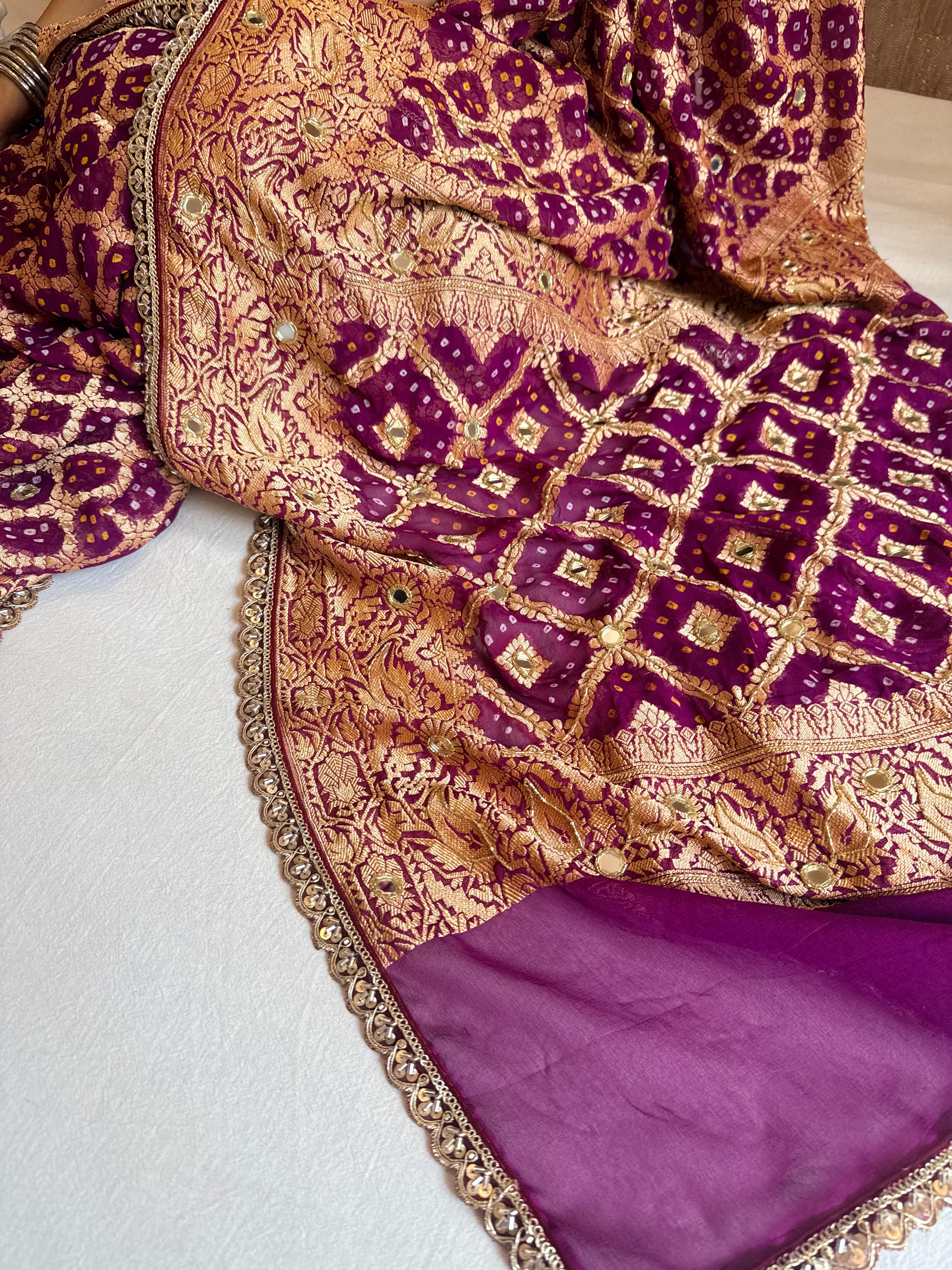 Banarasi chiffon gorgette rai bandhej kadhwa weaving hand embroidered saree