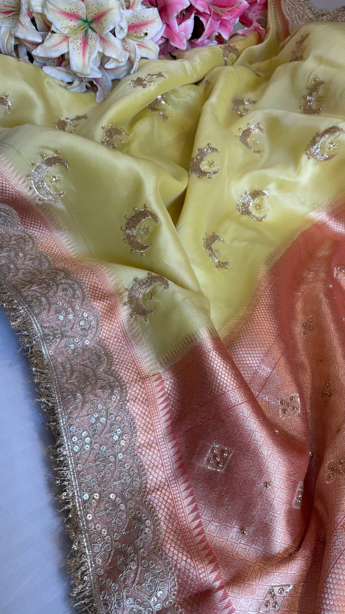 Sufi night edit - Lime yellow - peach kora silk banarasi chandtara buta hand embroidered kadhwa saree