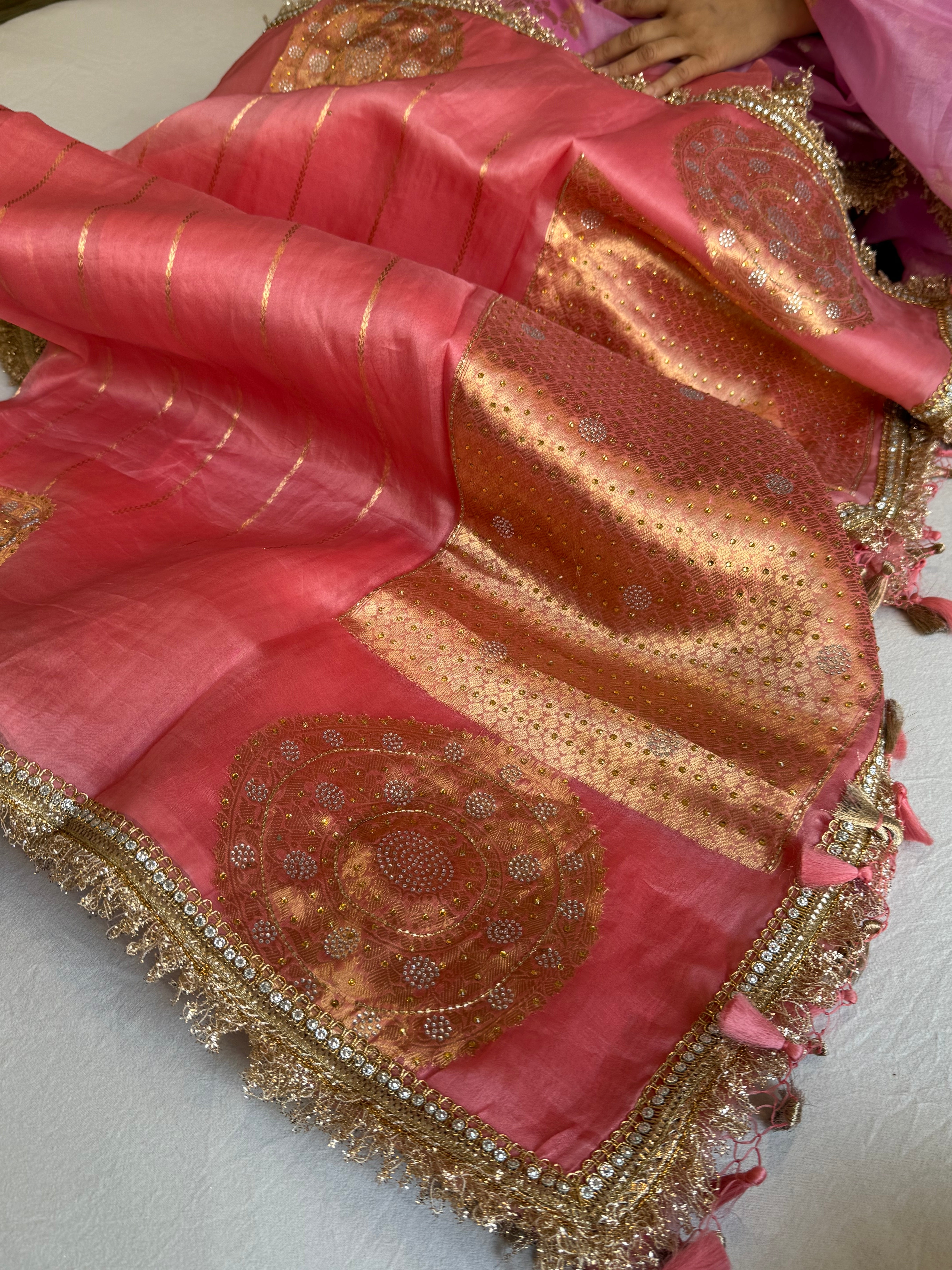 Gajri pink banarasi kora silk heavy sitara stonework kadhwa gotapatti saree