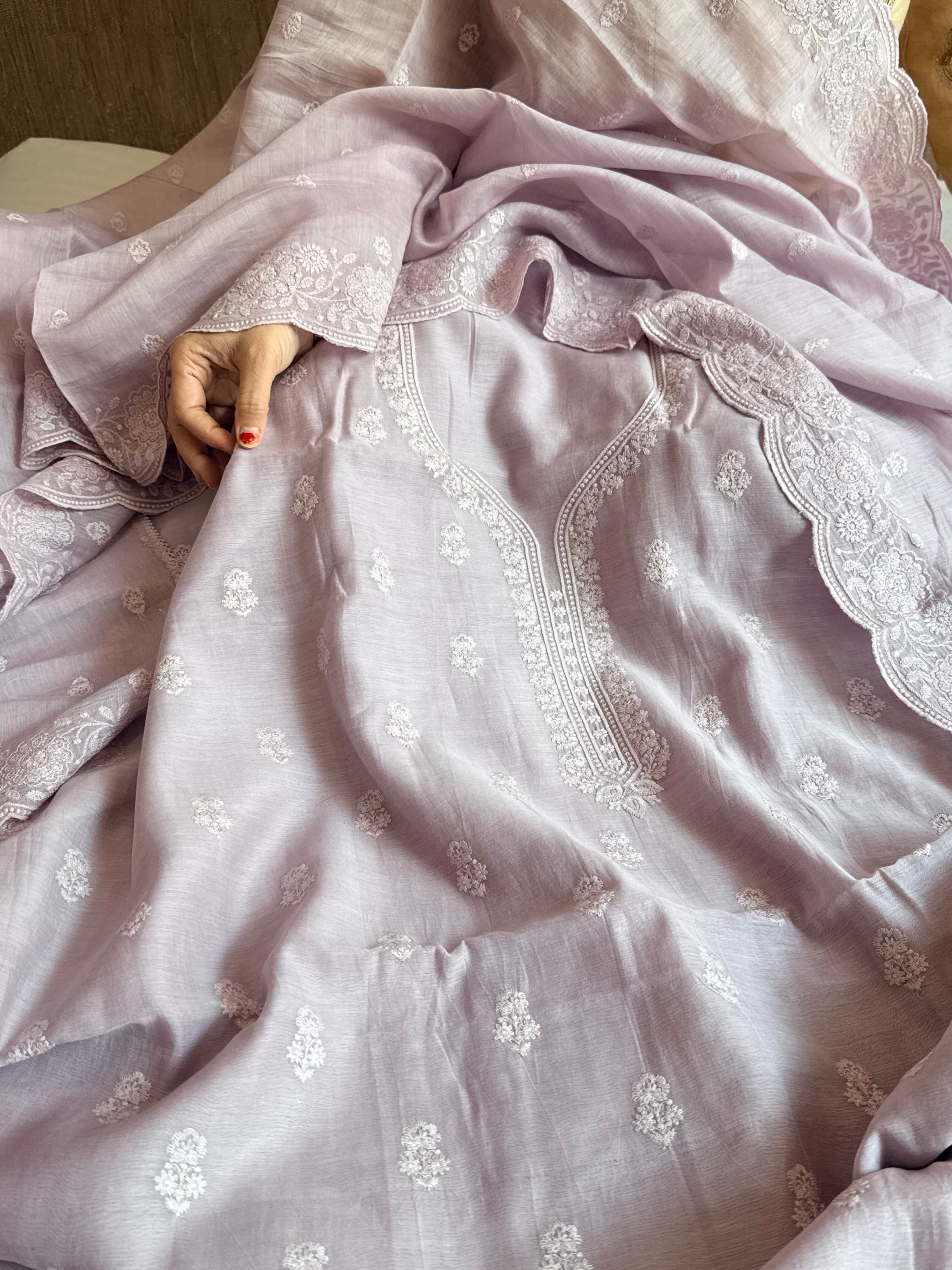 Dusty lilac mul cotton thread hand embroidered suit set