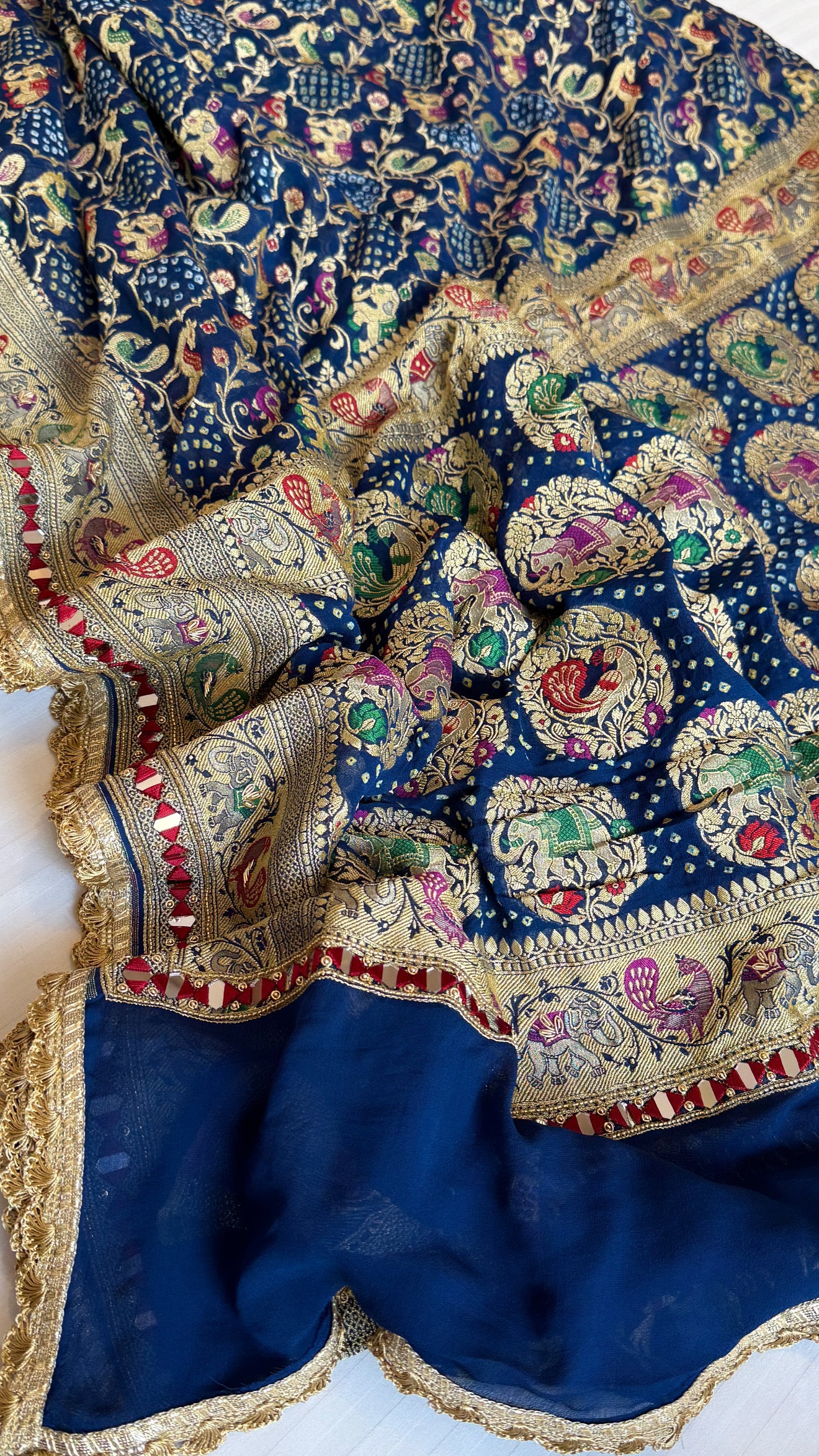 Mirror work banarasi bandhej shikargah motif heavy hand embroidered saree