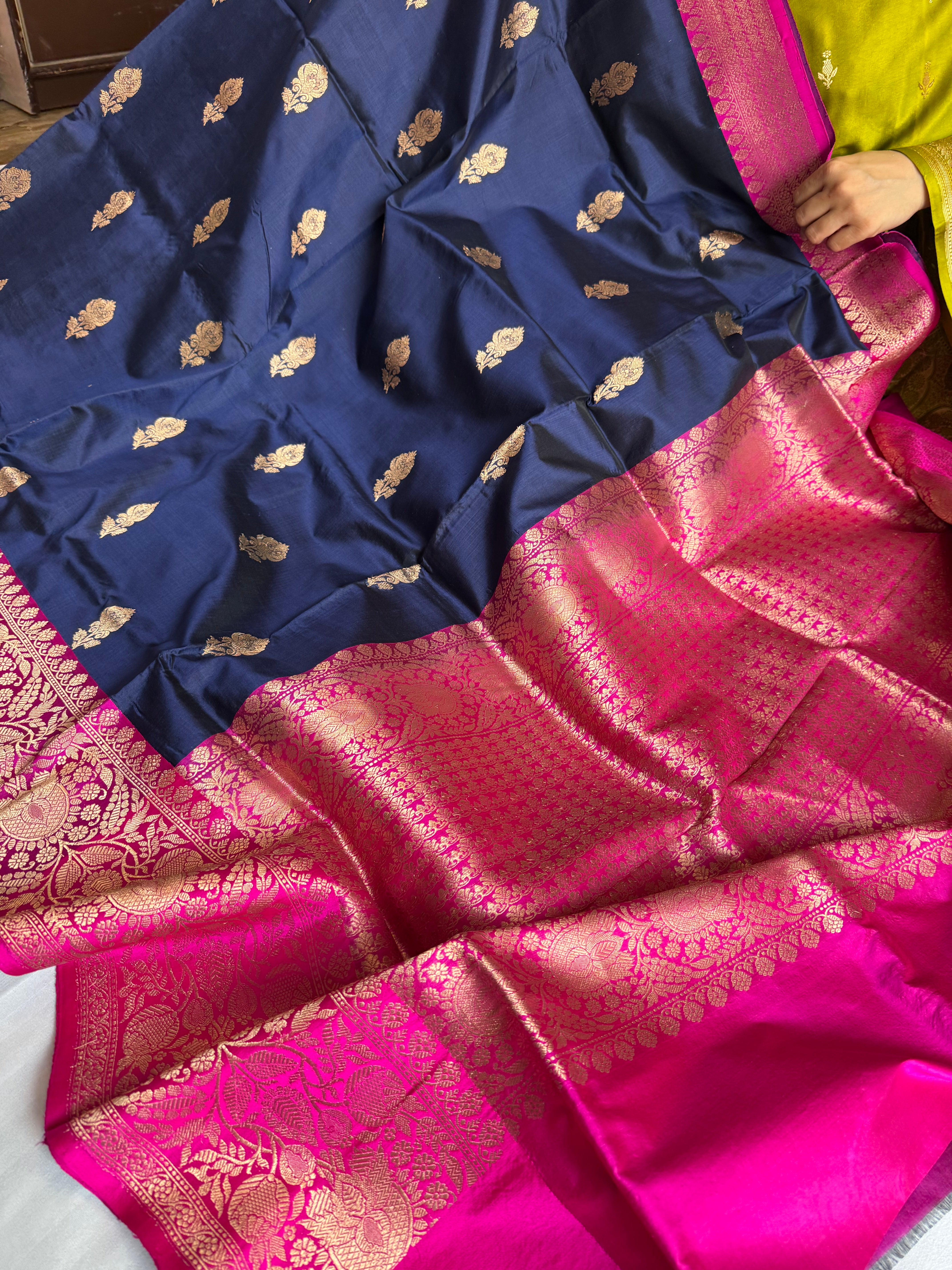 Navy blue-rani pink contrast combination katan silk kadhwa saree