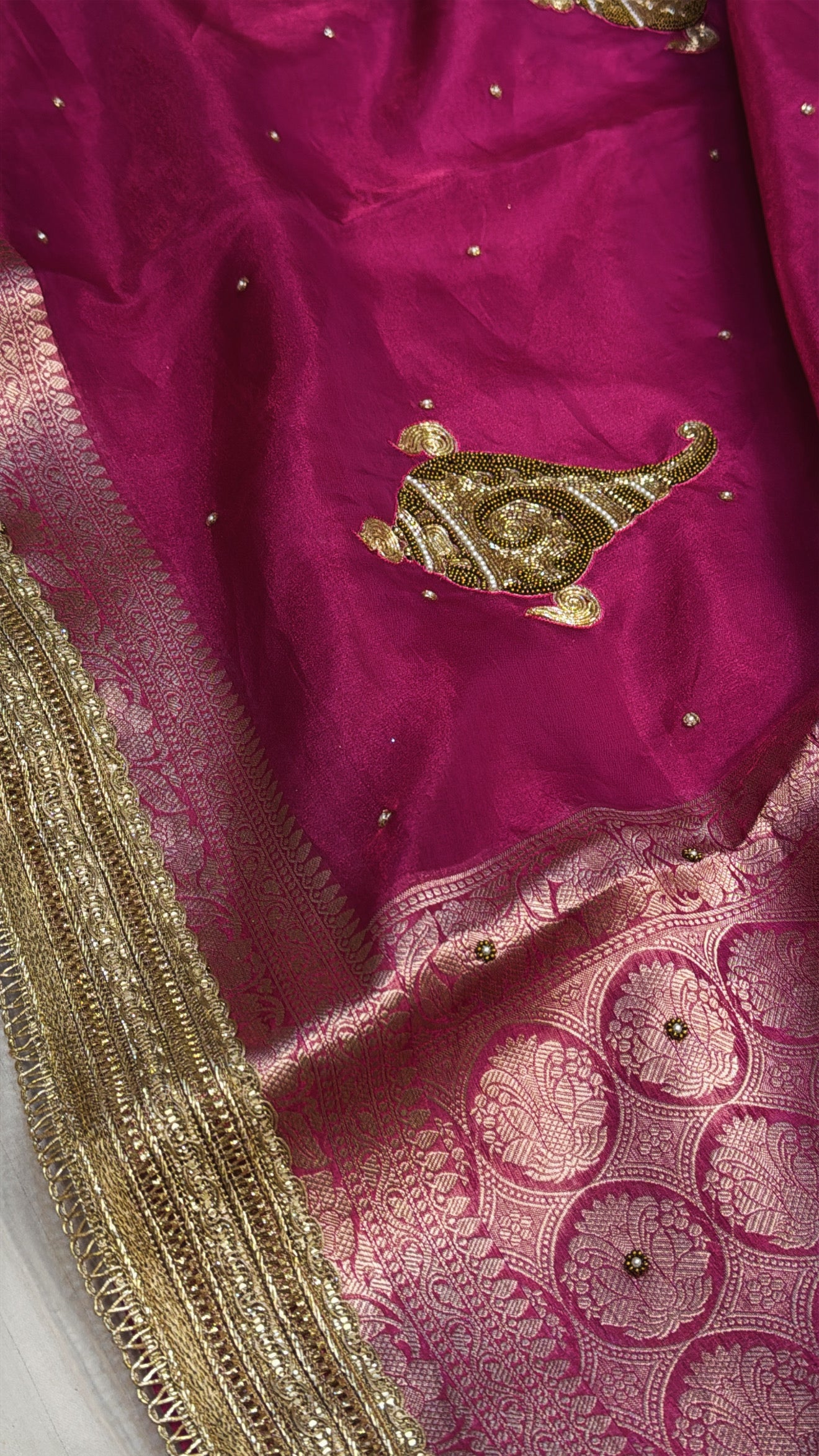 Wedding edit - Husn hot pink shankh motif hand embroidered tissue silk saree