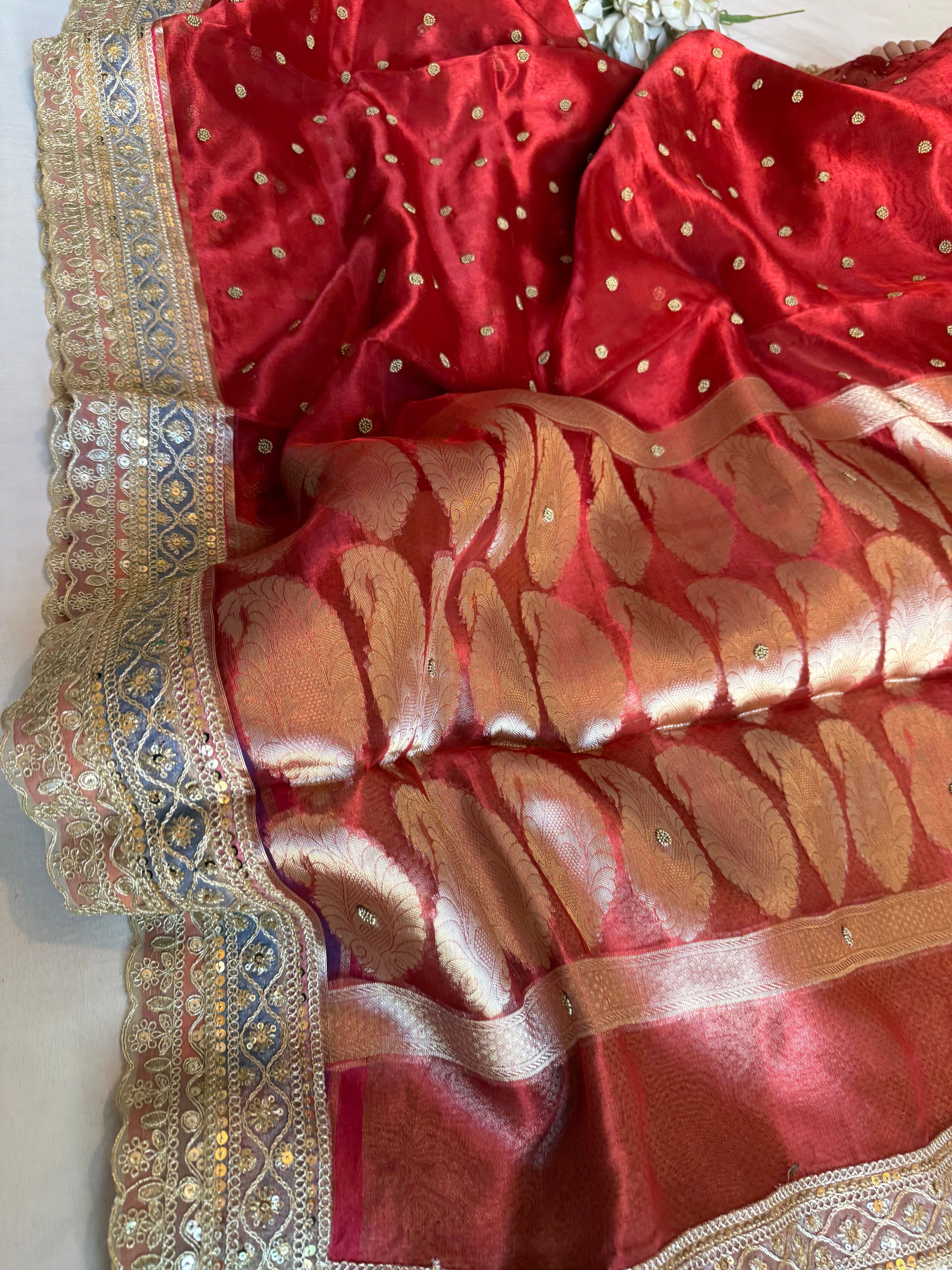 Maharani chunri buti hand embroidered kadhwa tissue silk saree