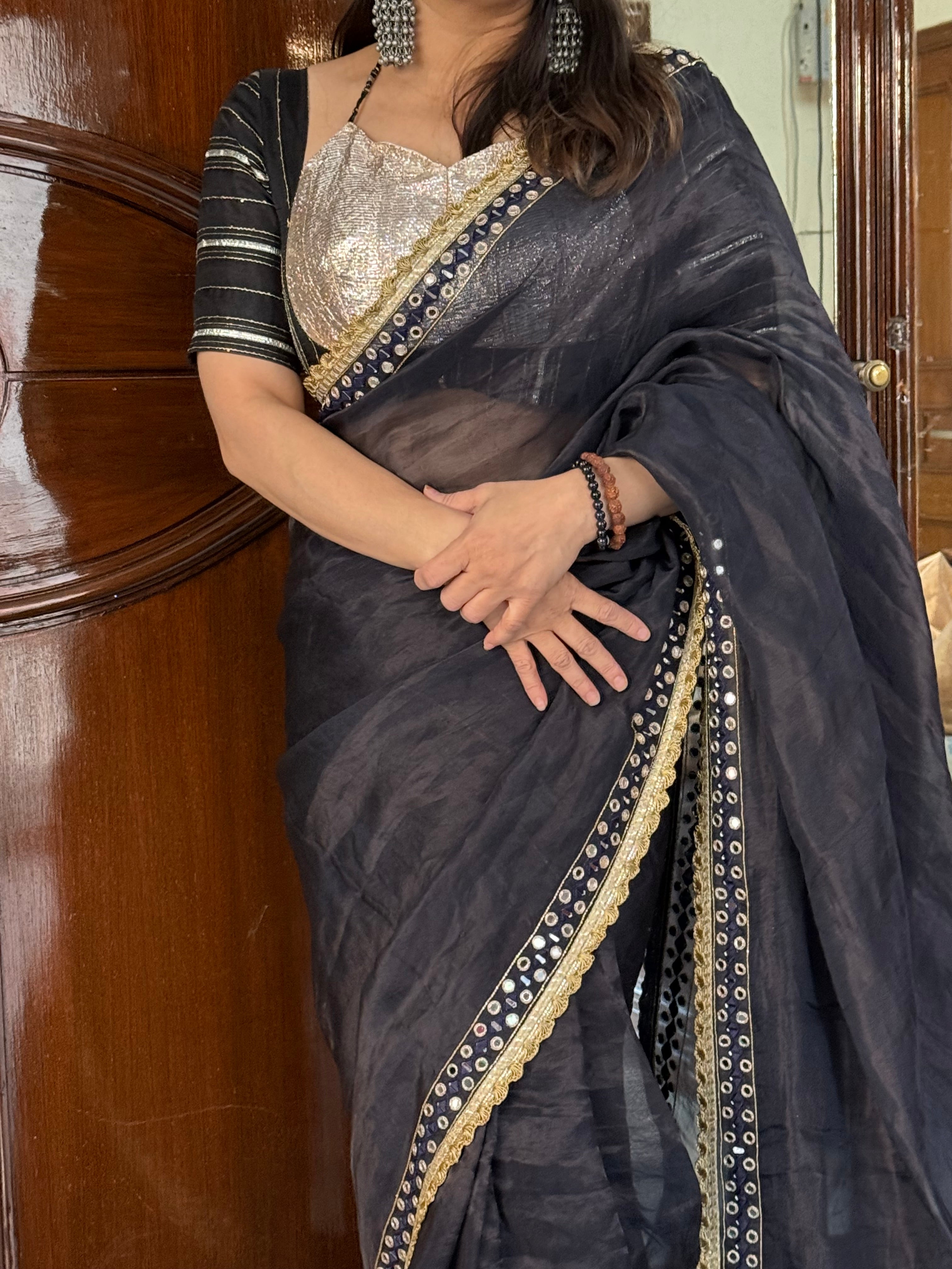 Mirror work midnight blue tissue silk hand embroidered kadhwa saree