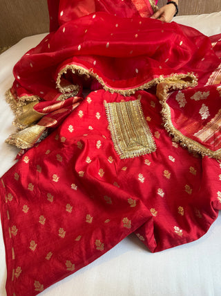 Deep red kora silk kadhwa buti gotapatti suit set
