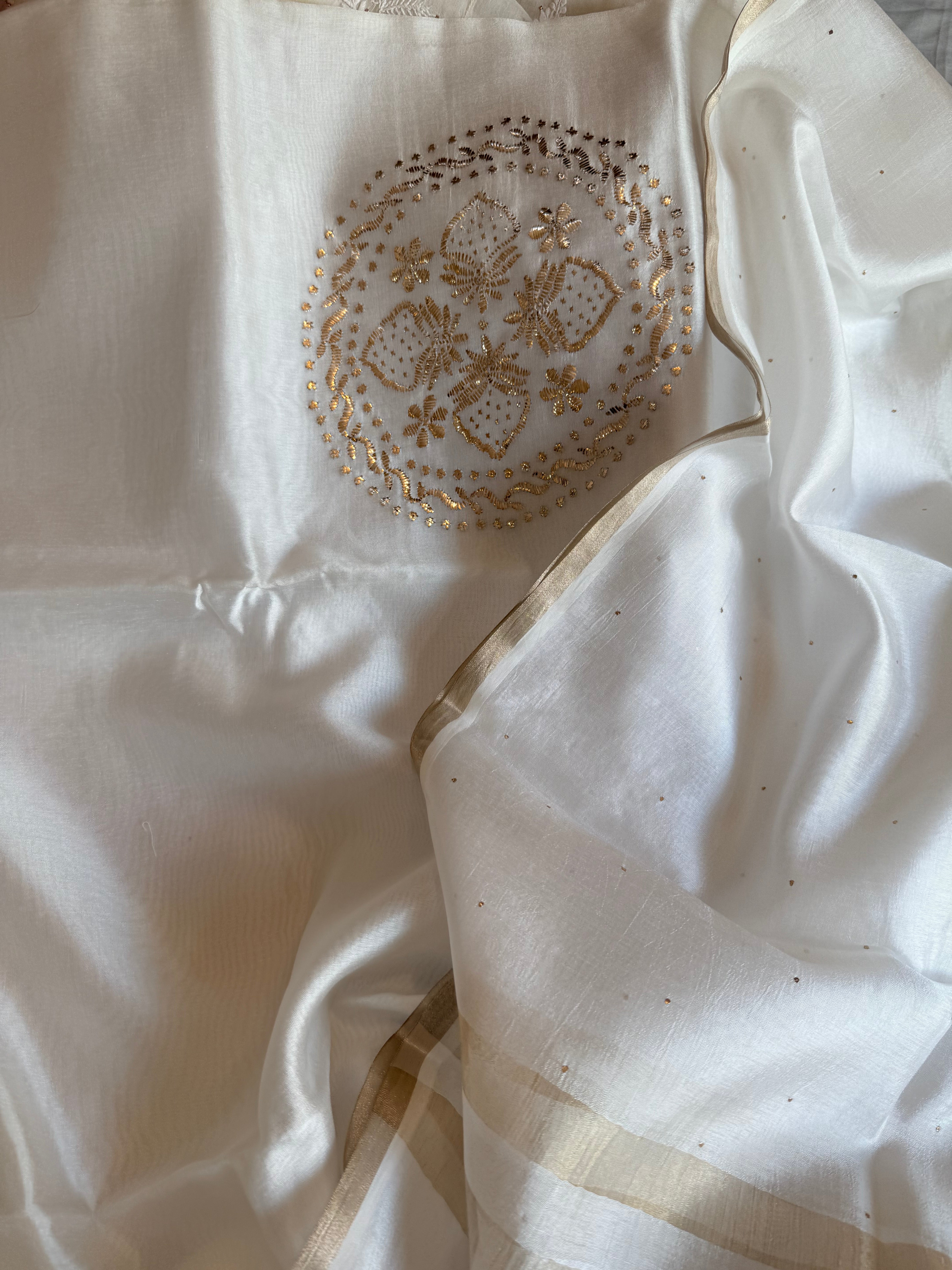 Pearl white spun chiniya silk mukaish hand embroidered suit sets
