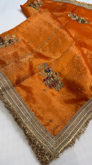 Baarat wali saree - Fanta orange husn tissue silk hand embroidered saree