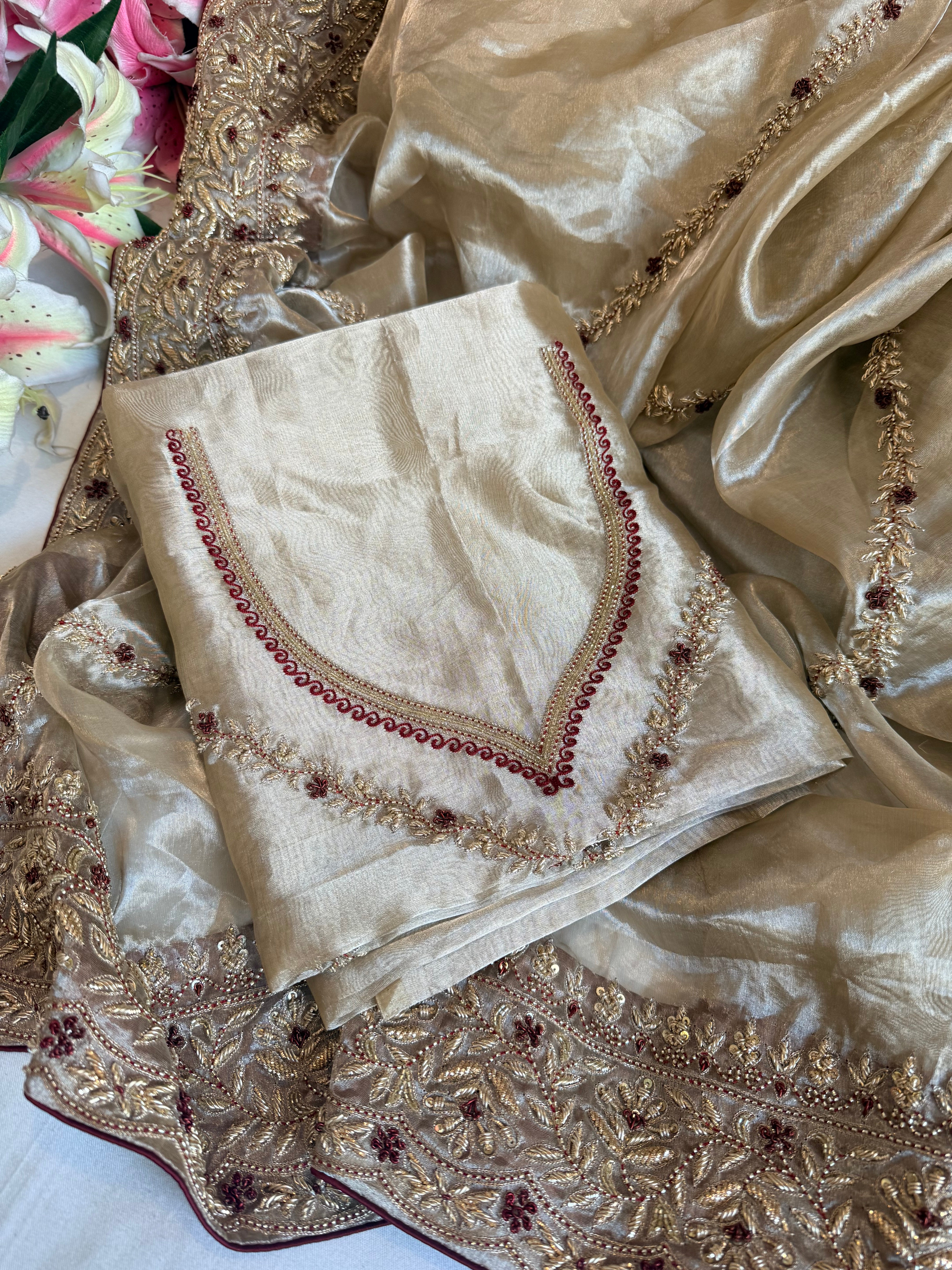 Silsila diamond tissue silk zardozi work hand embroidered kadhwa saree