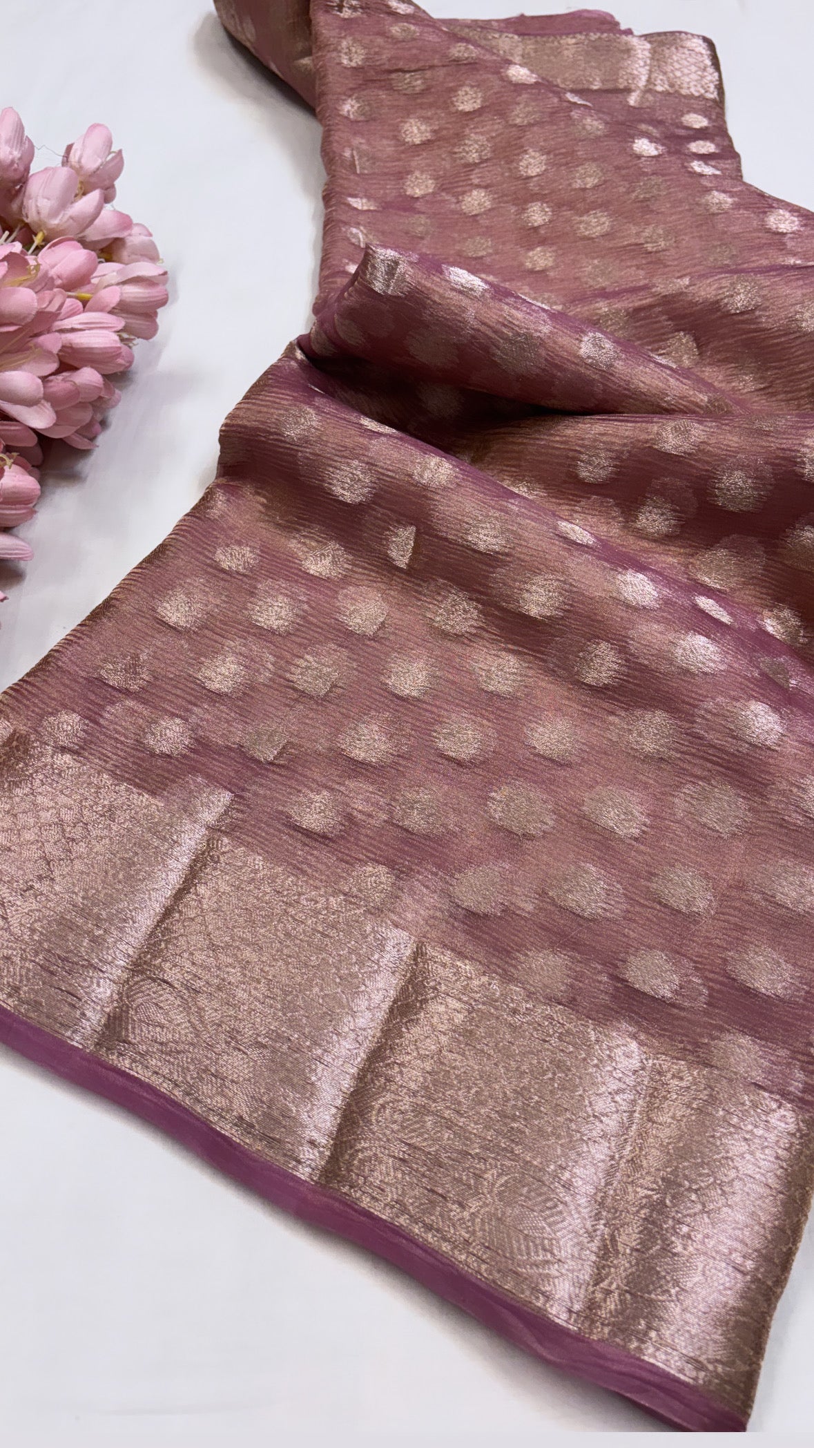 Pure banarasi purple crushed tissue silk handwoven kadhwa saree with intricate border and kadhwa blouse