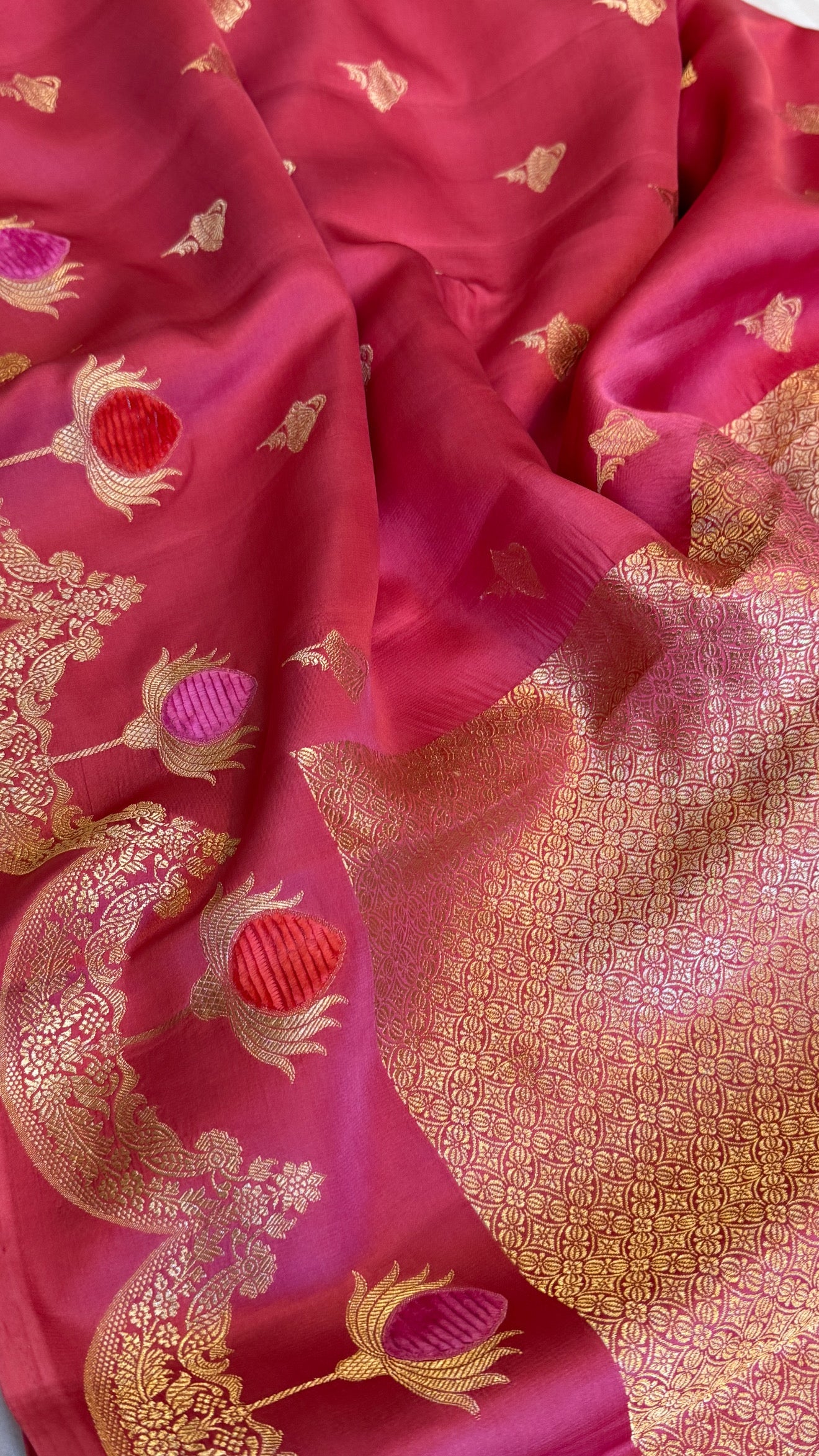 Gajri pink banarasi mashru silk velvet buti kadhwa weaving saree