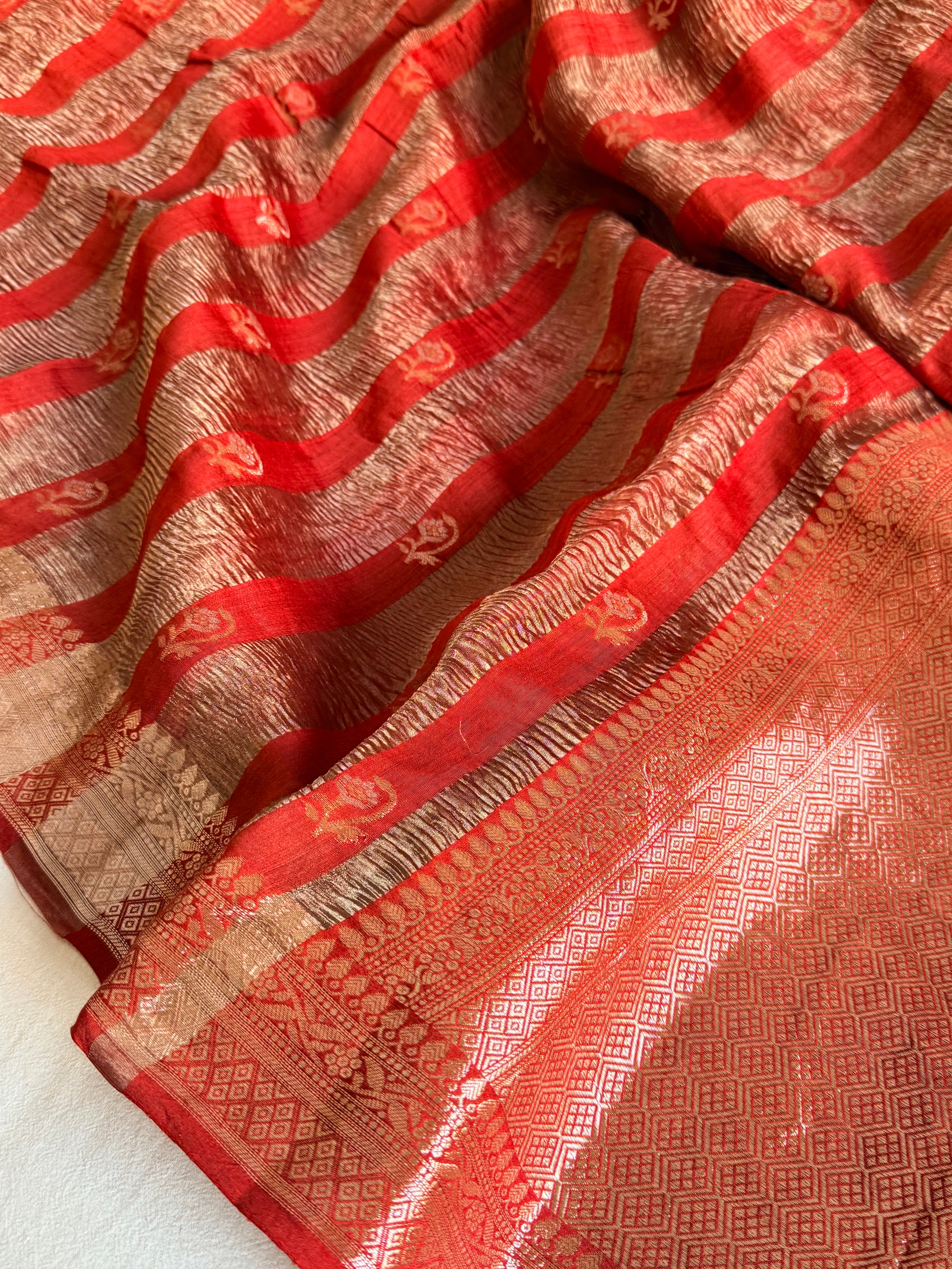 Below 10k - Crushed raw mango silk and tissue silk kadhwa border saree
