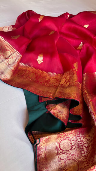 Sitara chilly red kora silk kadhwa buti saree with satin backing