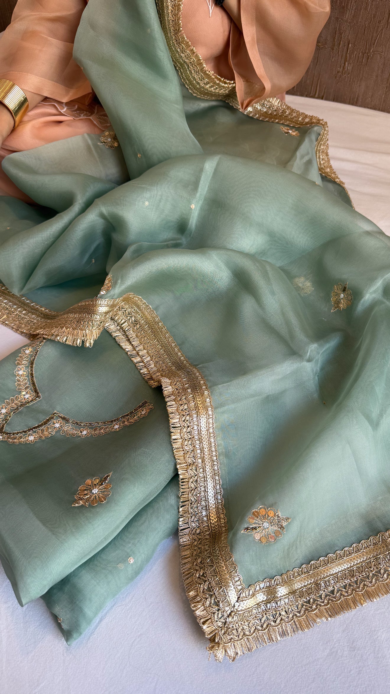 Aari and tilli hand embroidered kora silk teal green kadhwa suit set