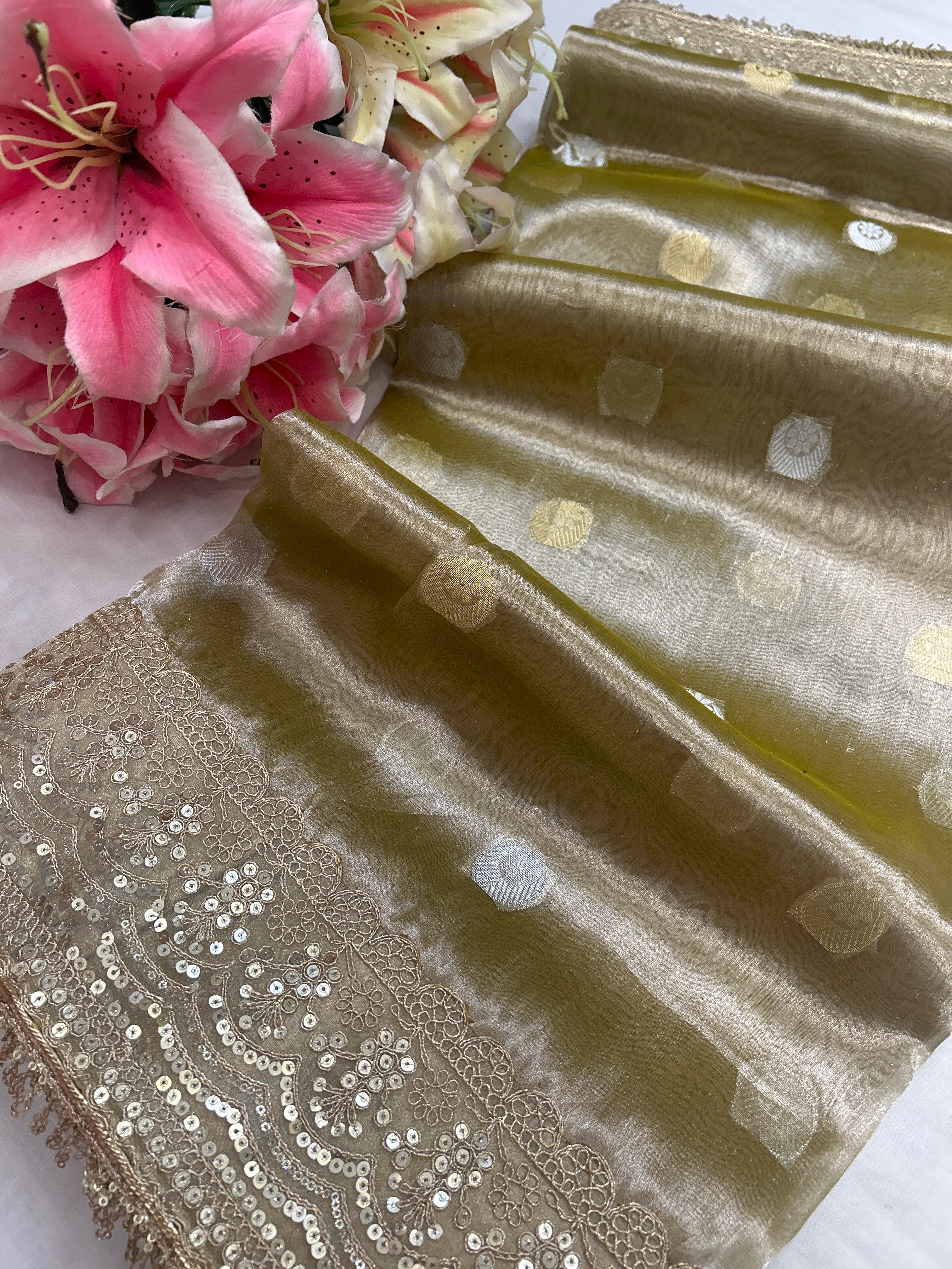 Tissue silk chand buta sage green saree